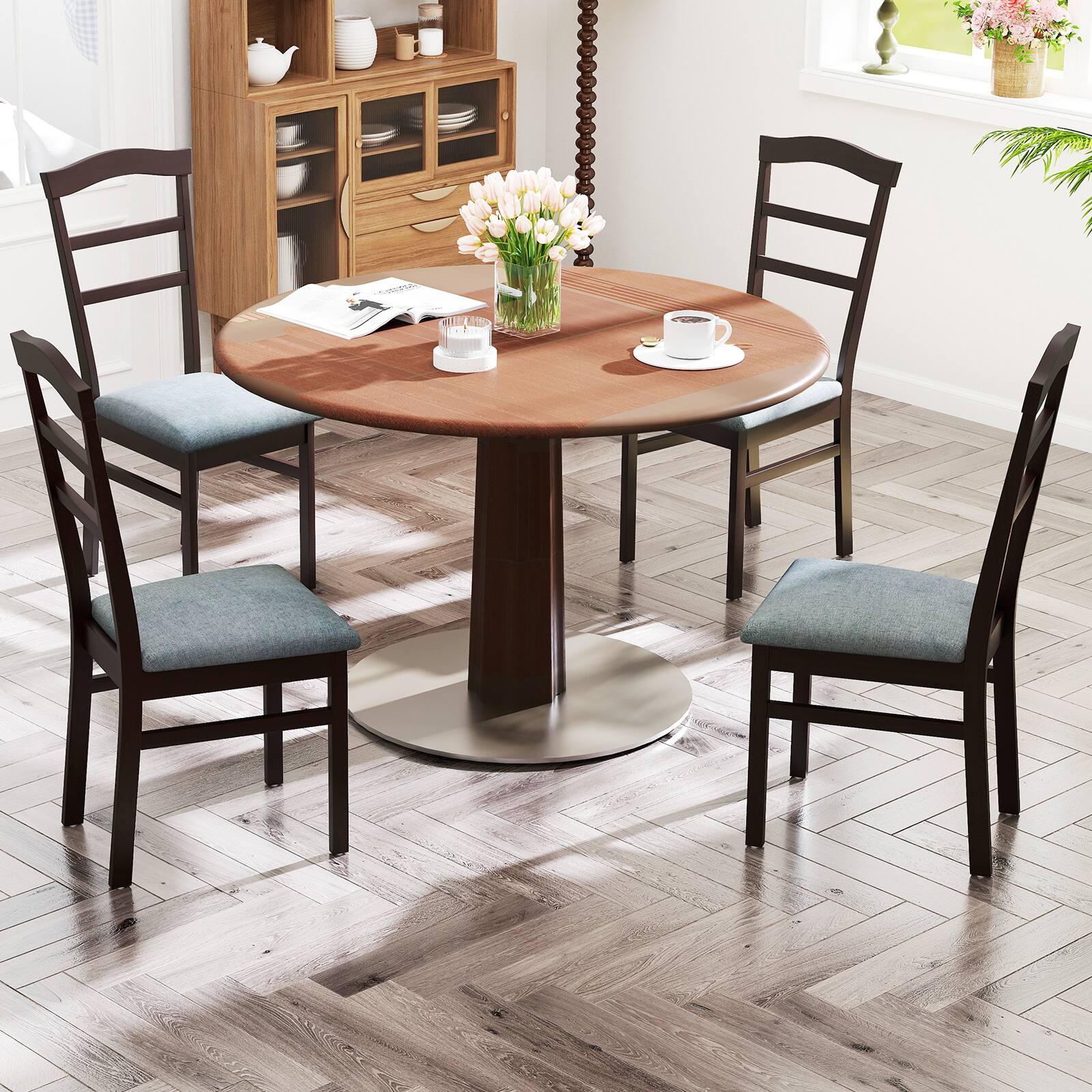 Alt View 3. Gymax - Gymax Modern Dining Chairs Set of 4 w/ Rubber Wood Frame Hollowed Backrest for Kitchen - Coffee, Grey.
