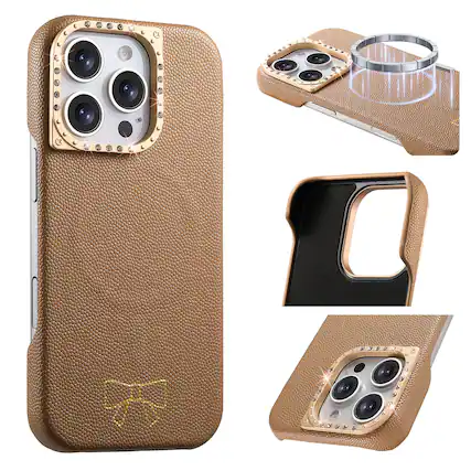 Front. Dteck - Luxury PU Leather Texture Magnetic Case for Apple iPhone 16 Pro Max with Diamond Lens Border, Shockproof Hard PC Cover - Brown.