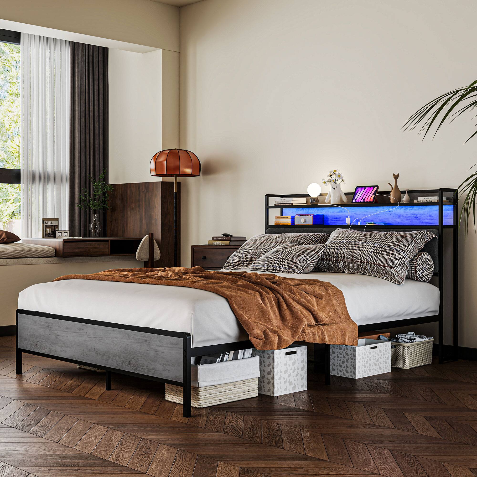 Front. Homcom - Queen Bed Frame with Storage Headboard, Upholstered Platform Bed Frame with LED Lights, Charging Station, Steel Slats - Cement Gray.