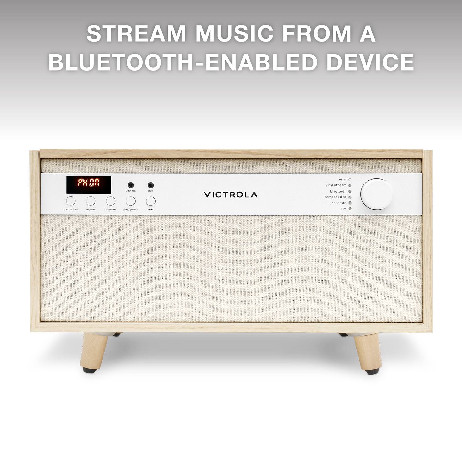 Stream music from a Bluetooth-enabled device with the Victrola stereo system.