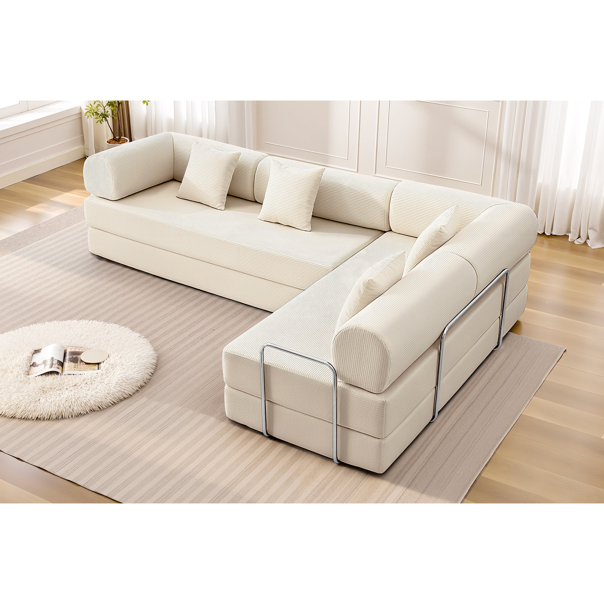KERDOM - L-Shaped Corduroy Couch Chaise Lounge, 78'' Foldable Sofa Bed 2pcs Combined, Spliced Block Modular Sectional Sponge Sofa - Beige
