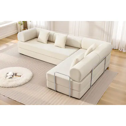 Front. KERDOM - L-Shaped Corduroy Couch Chaise Lounge, 78'' Foldable Sofa Bed 2pcs Combined, Spliced Block Modular Sectional Sponge Sofa - Beige.