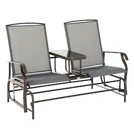 Outsunny - Outdoor Glider Bench with Center Table, Metal Frame Patio Loveseat with Breathable Mesh Fabric and Armrests - Gray