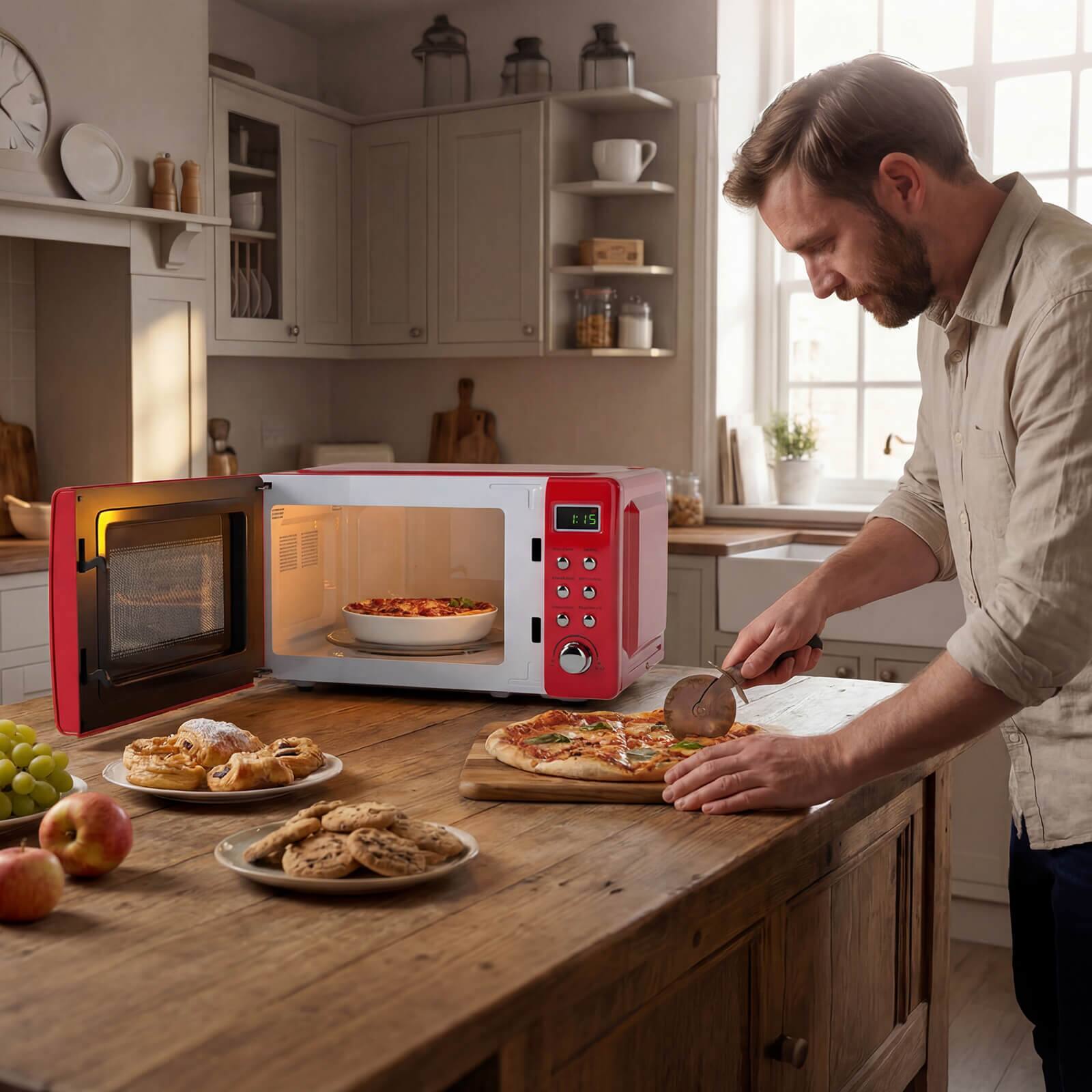 Alt View 3. Costway - Costway 0.7 Cu.ft Retro Countertop Microwave Oven 700W LED Display Glass Turntable - Red.