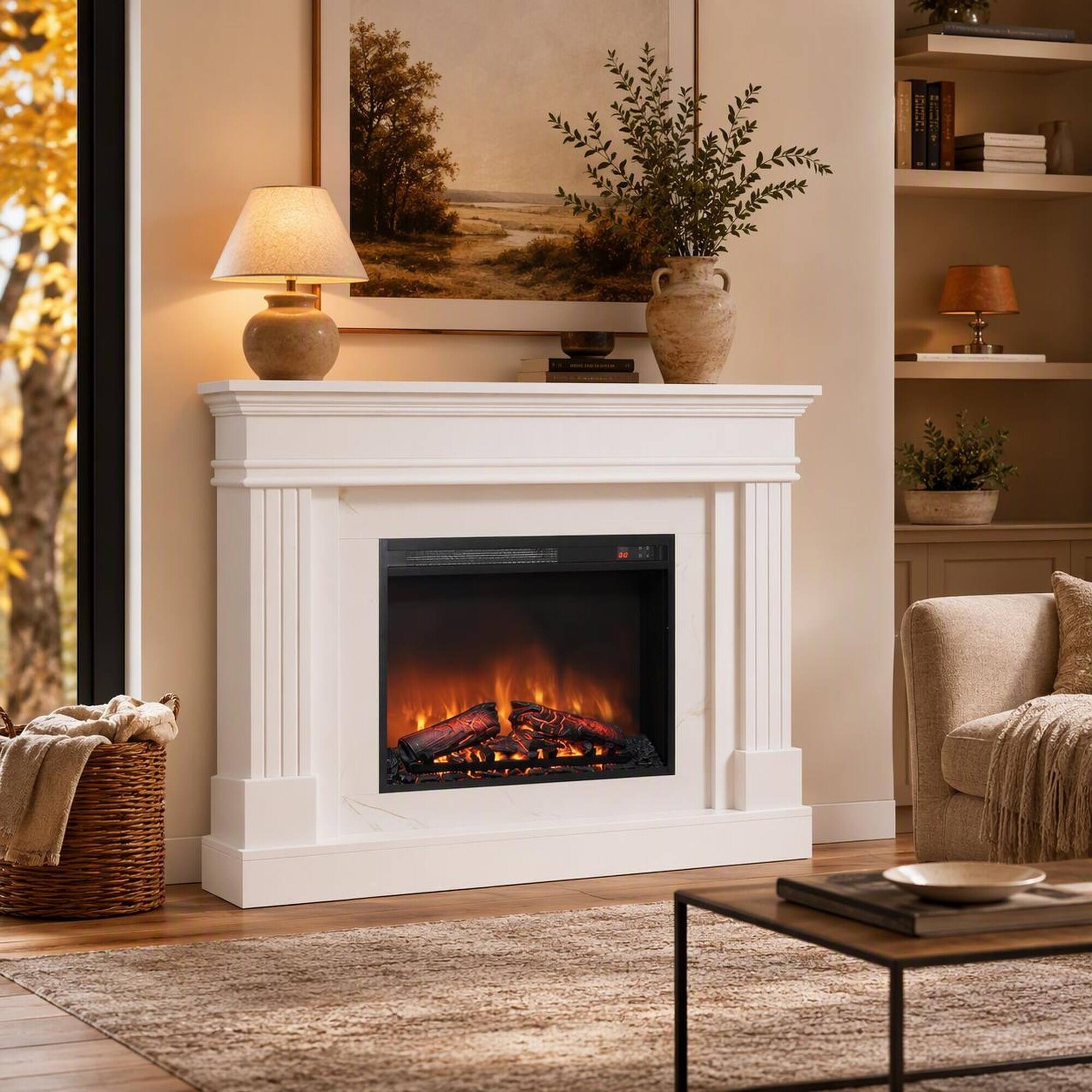 Back. RYHNUYNE - 44 Inch Electric Fireplace With Mantel 23 Inch Insert Heater, Realistic Log Flame Remote Timer For Living Room Bedroom - Jasmine White.