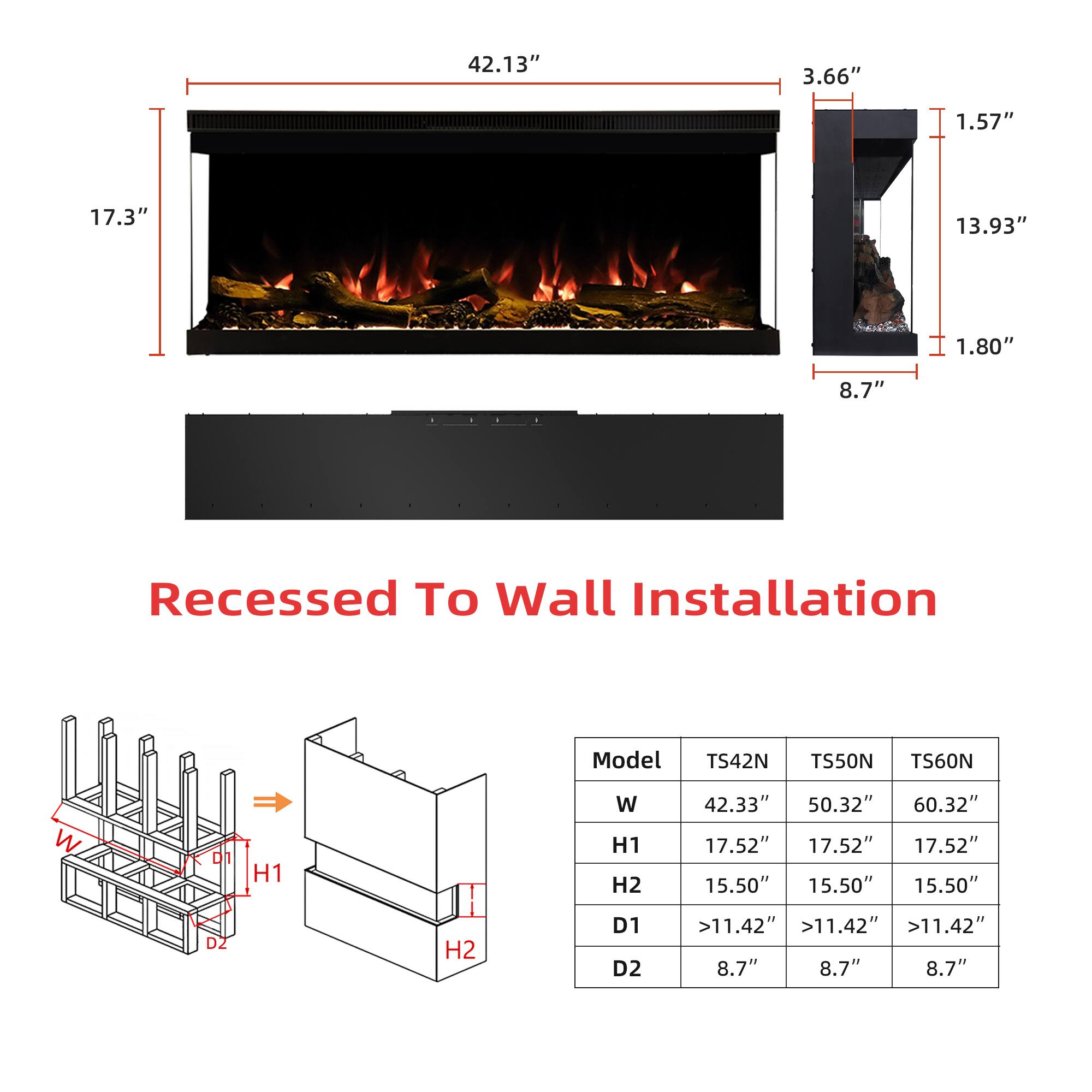 42.13"  
3.66"  
1.57"  
17.3"  
13.93"  
1.80"  
8.7"  

Recessed To Wall Installation  

Model  
TS42N  
TS50N  
TS60N  

W  
42.33"  
50.32"  
60.32"  

H1  
17.52"  
17.52"  
17.52"  

H2  
15.50"  
15.50"  
15.50"  

D1  
>11.42"  
>11.42"  
>11.42"  

D2  
8.7"  
8.7"  
8.7"