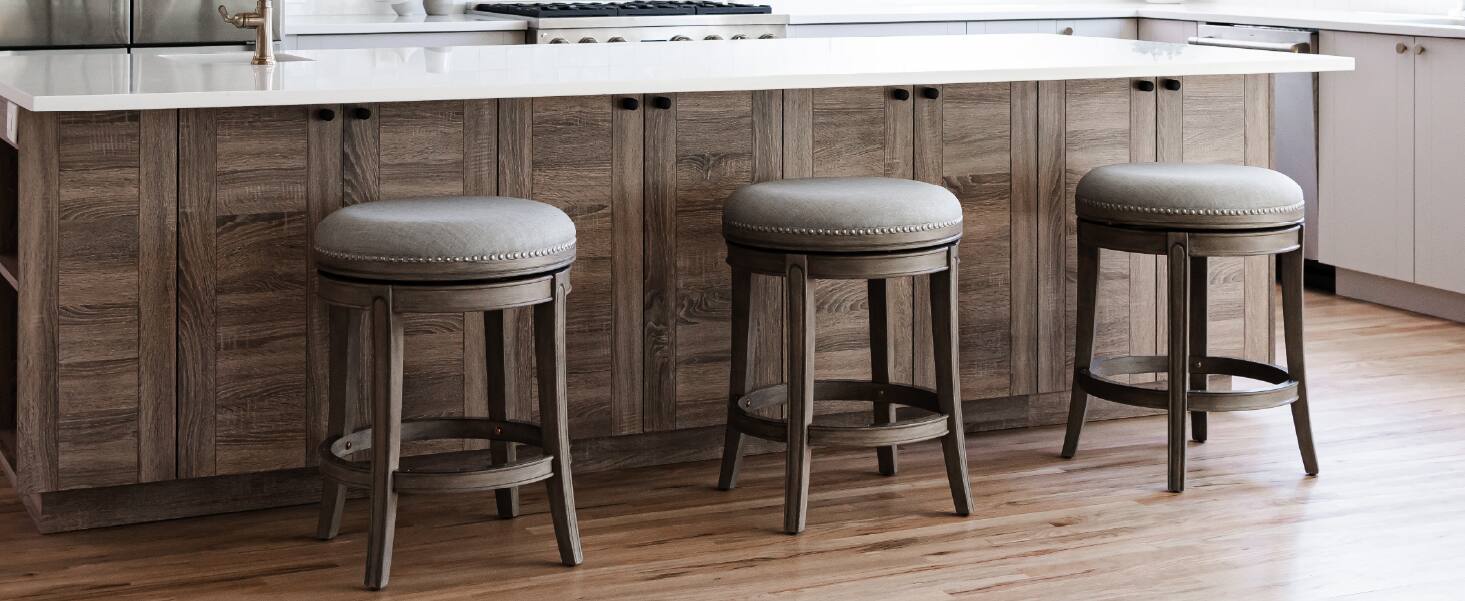 Left. Maven Lane - 30" Alexander Backless Bar Stool in Reclaimed Oak Finish with Fabric Upholstery - Reclaimed Oak.