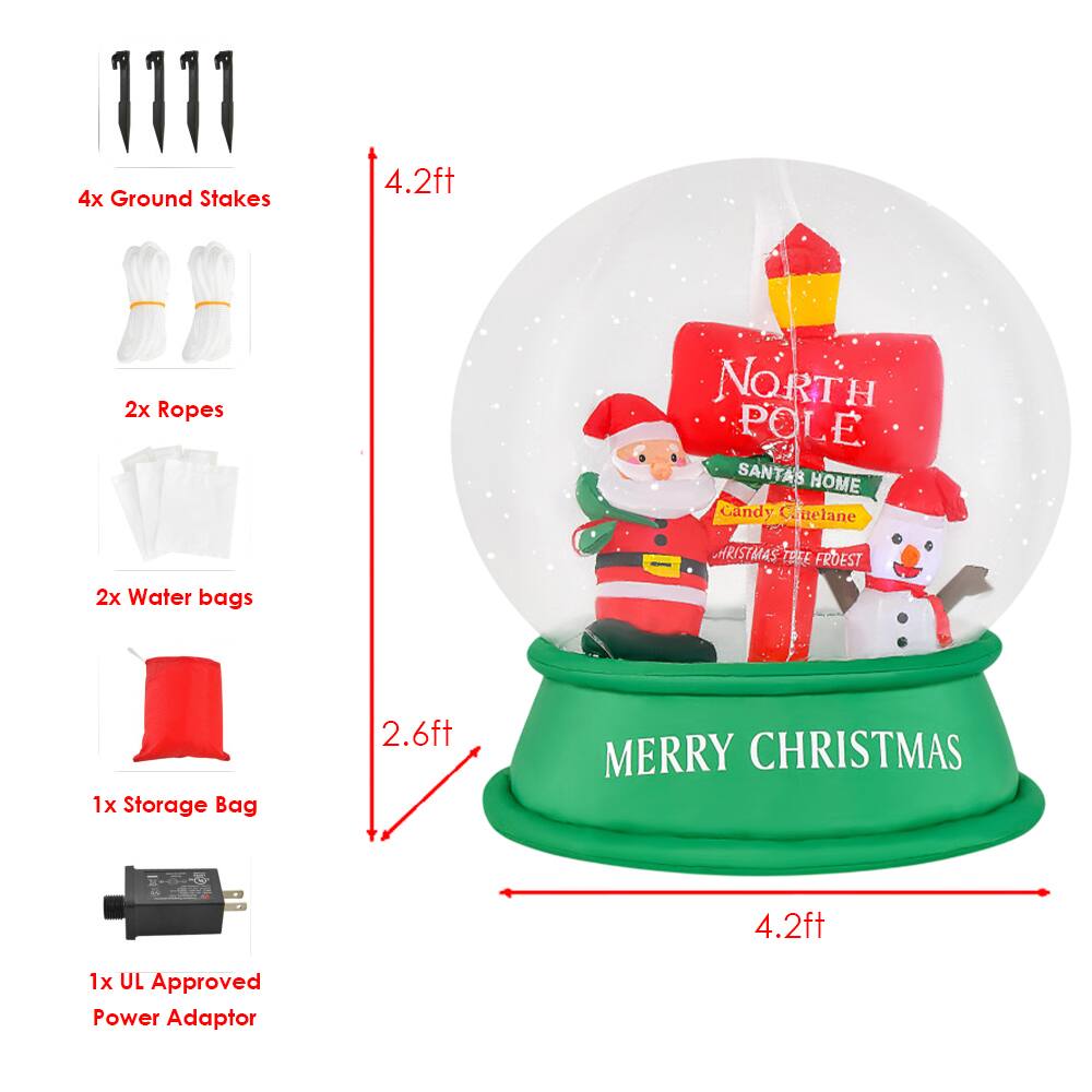4x Ground Stakes 4.2ft  
2x Ropes  
2x Water Bags  
1x Storage Bag 2.6ft  
1x UL Approved Power Adaptor  

NORTH POLE  
SANTA'S HOME  
Candy Cane Lane  
CHRISTMAS TREE FOREST  

MERRY CHRISTMAS