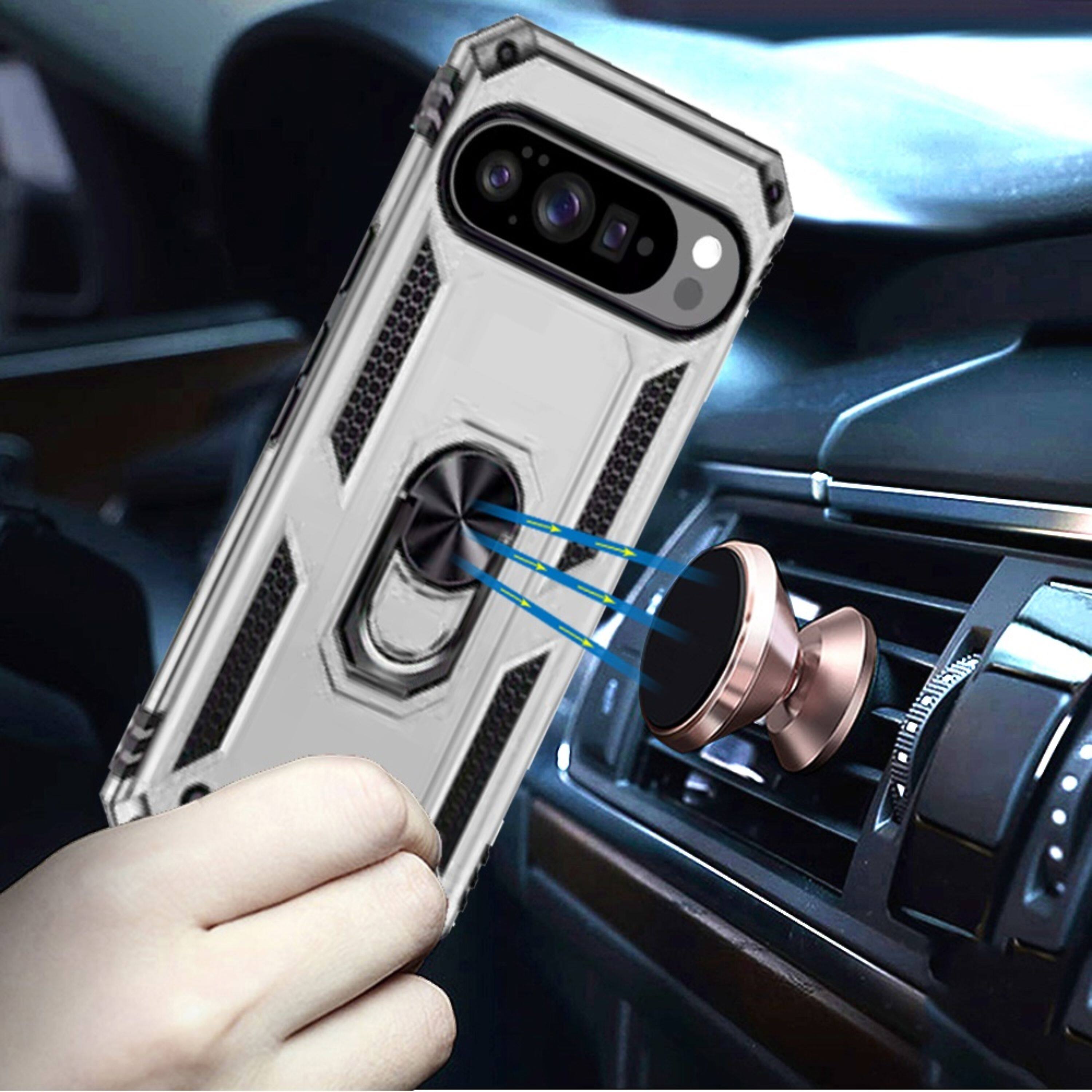 Angle. Kitcheniva - Shockproof Ring Holder Magnetic Kickstand Phone Case With Tempered Glass For Google Pixel 10 Pro XL Silver - Silver.