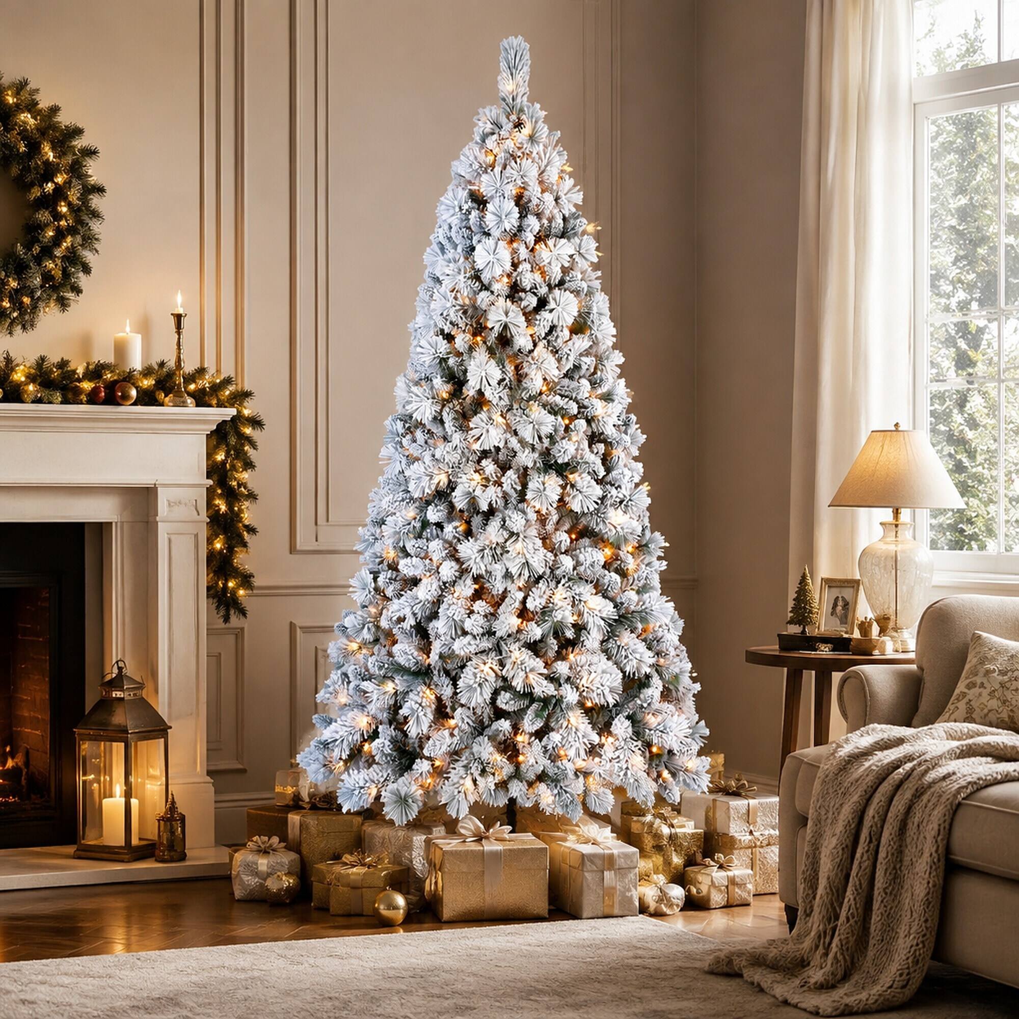 Left. RYHNUYNE - 7FT Flocked Pre-Lit Christmas Tree,450 Warm White LED Lights 1060 Tips PVC Hard Needle Hinged Design - Green,White.