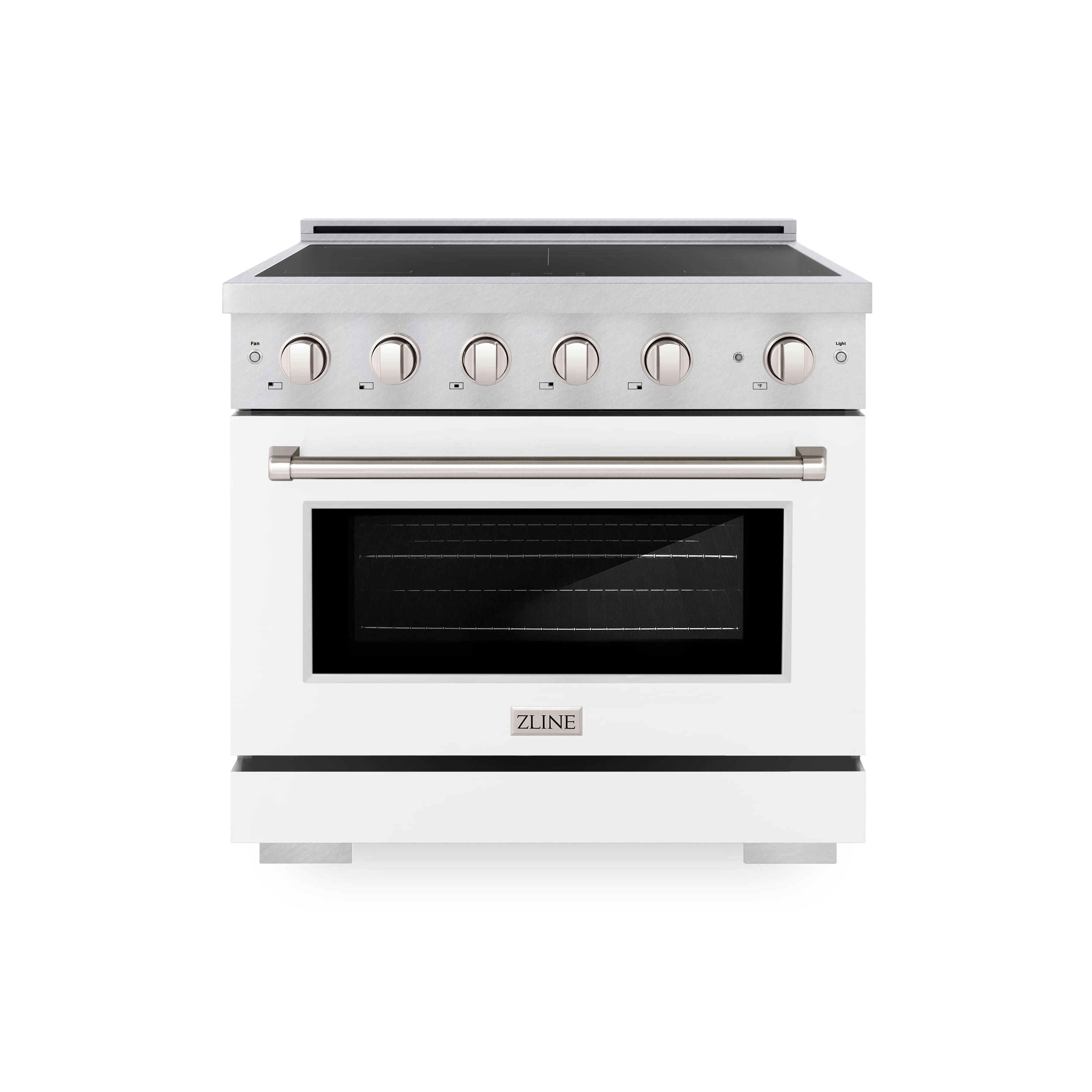 Front. ZLINE - 36 in. Wide 5 Elements 5.2 Cu.Ft. Paramount Freestanding Induction Range with Electric Oven in Satin Steel w/ white Door - Matte White.