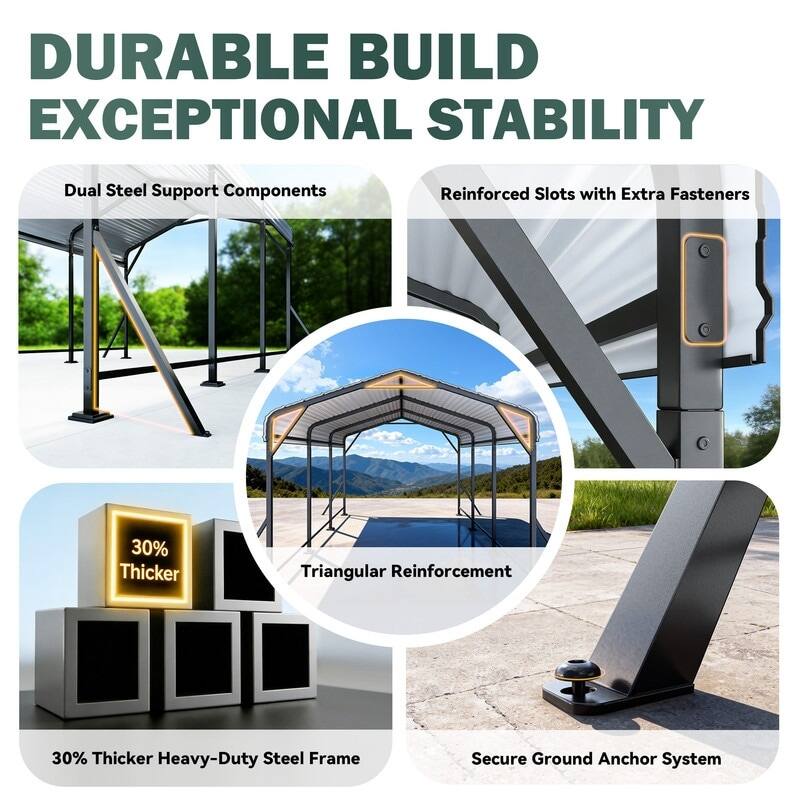 DURABLE BUILD EXCEPTIONAL STABILITY

- Dual Steel Support Components
- Reinforced Slots with Extra Fasteners
- 30% Thicker Triangular Reinforcement
- 30% Thicker Heavy-Duty Steel Frame
- Secure Ground Anchor System