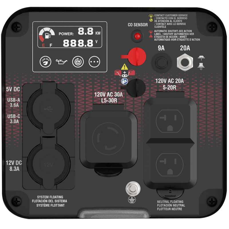 POWER: 8.8 KW  
888.8 V  

CONTACT CUSTOMER SERVICE  
CONTACTO CON EL SERVICIO DE ATENCIÓN AL CLIENTE  
CONTACT AVEC LE SERVICE CLIENTELE  

CO SENSOR  

AUTOMATIC SHUTOFF - SEE ACTION LABEL / SHUTOFF AUTOMÁTICO - VER ETIQUETA DE ACCIÓN / ARRET AUTOMATIQUE - VOIR ETIQUETTE D'ACTION  

9A  
20A  

120V AC 30A  
L5-30R  

120V AC 20A  
5-20R  

5V DC  
USB-A  
3.6A  

USB-C  
3.0A  

12V DC  
8.3A  

SYSTEM FLOATING  
FLOTACIÓN DEL SISTEMA  
SYSTÈME FLOTTANT  

NEUTRAL FLOATING  
FLOTACIÓN NEUTRAL  
FLOTTEUR NEUTRE
