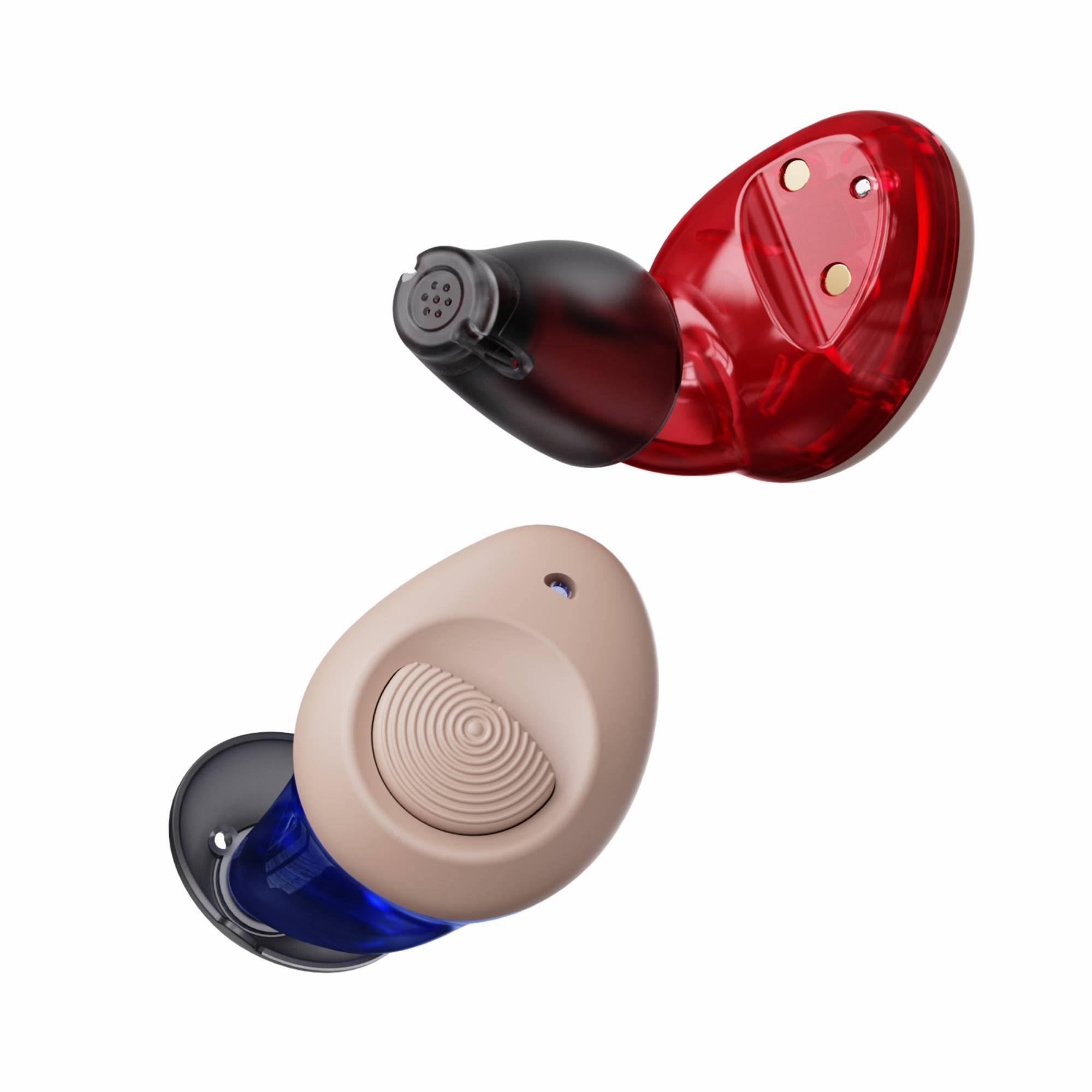 Back. Ceretone - Torch OTC Hearing Aids – Rechargeable, Wind Noise Reduction, 5 Preset Programs, Lightweight Design - The left is blue.The right is red..