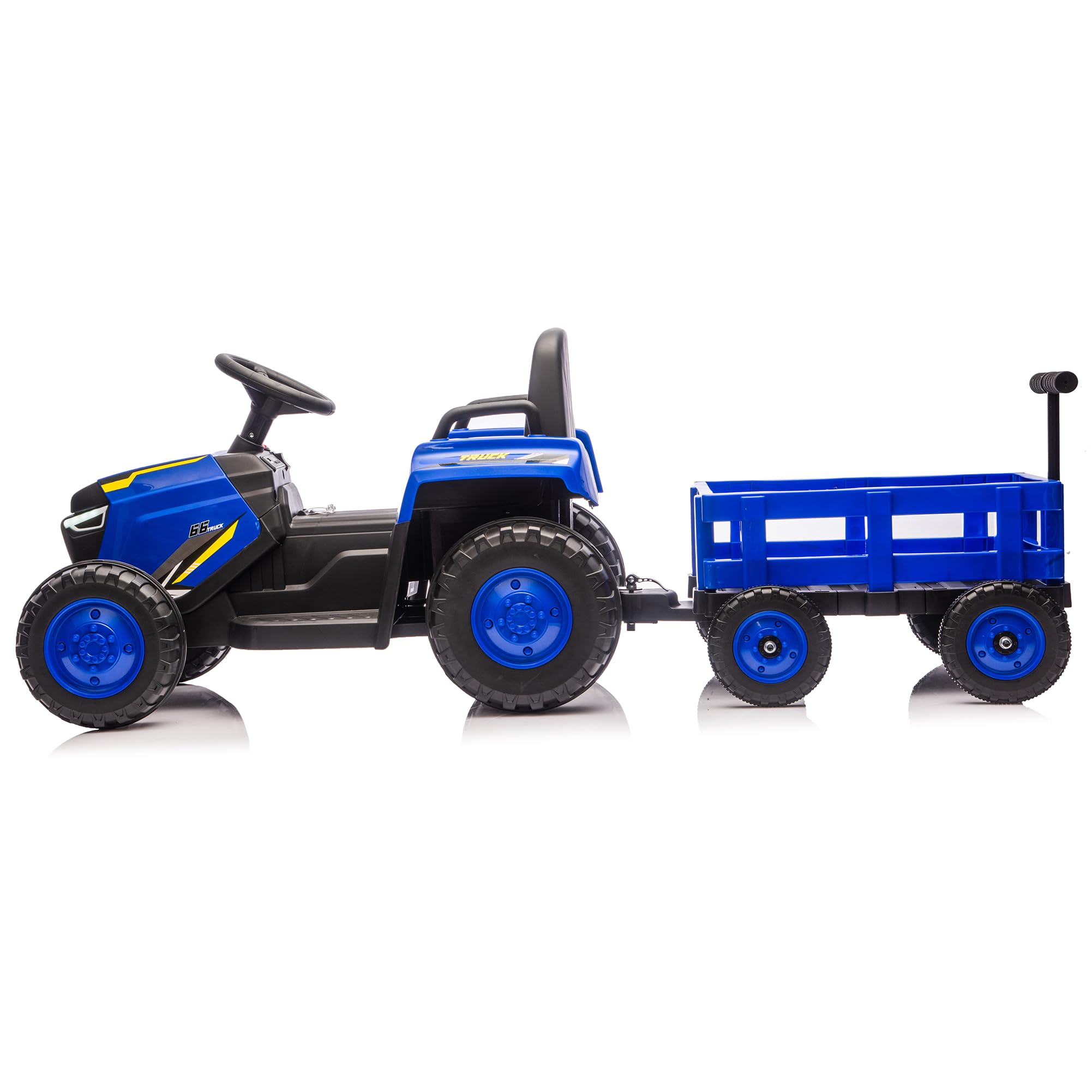 Angle. GARVEE - 12V Electric Ride-On Tractor with Detachable Garden Cart, Battery-Powered 8-Wheel Vehicle with Trailer, Remote Control - Blue.