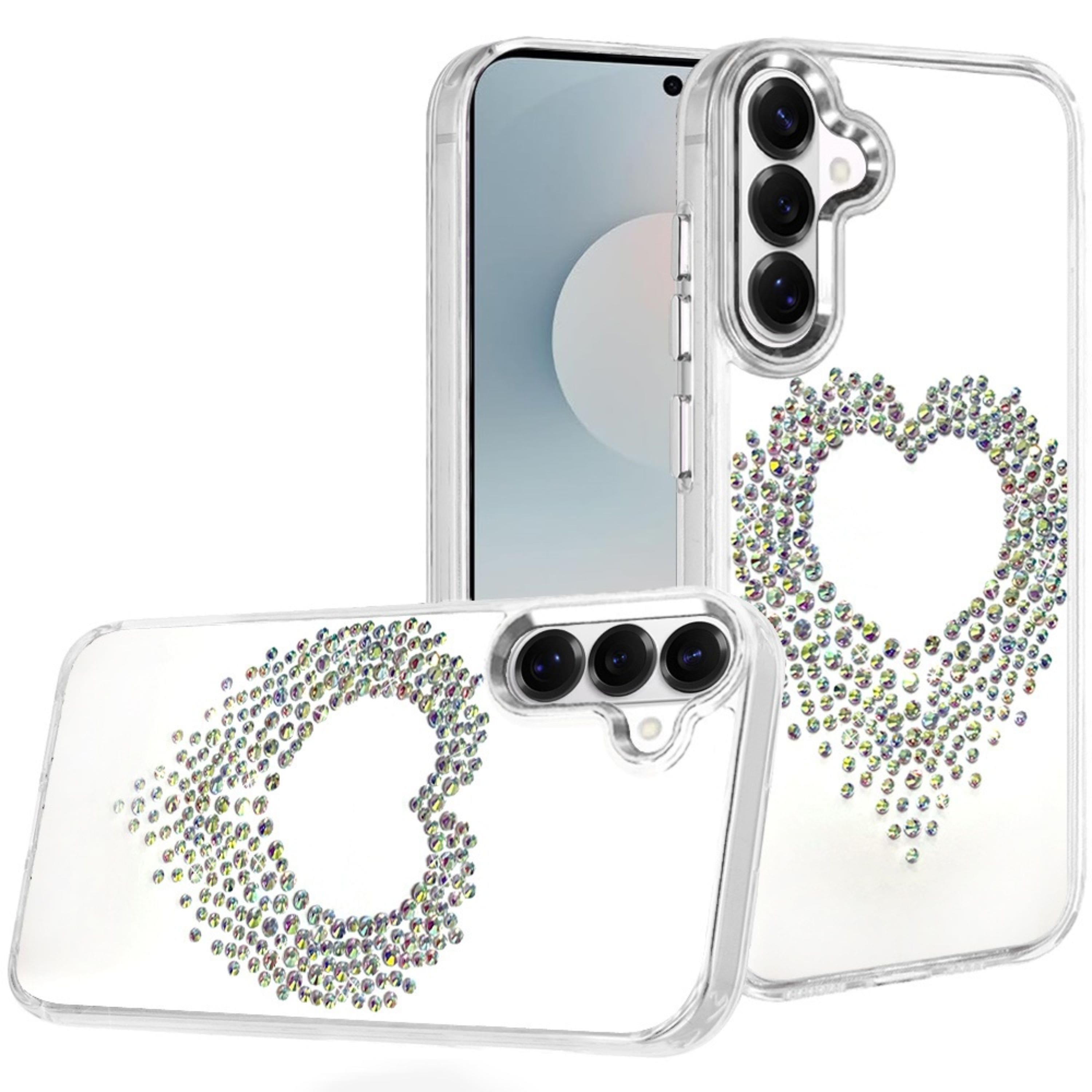 Kitcheniva - Heart Rhinestone Clear Case With Tempered Glass For Samsung S26 Plus - Silver