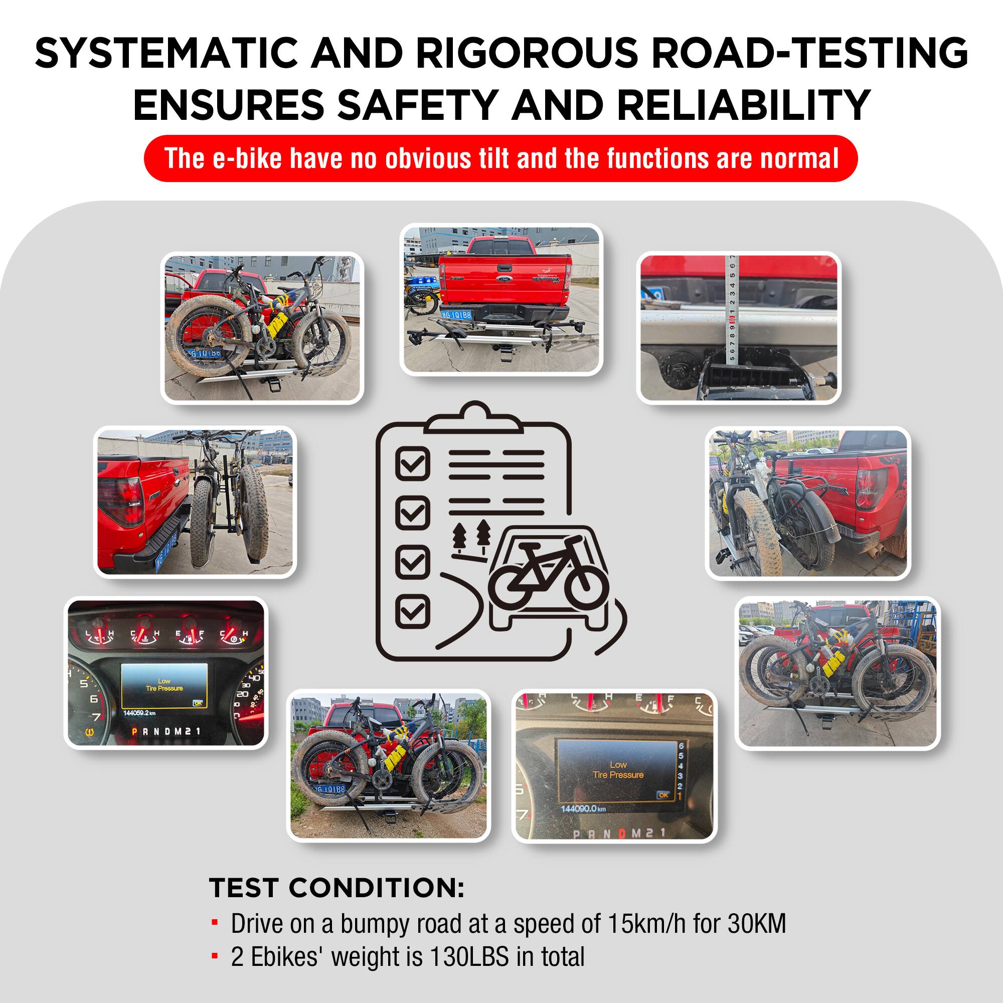 The image is about road-testing and ensuring safety and reliability. It features a series of images showcasing different vehicles and their components, such as a bicycle, a truck, and a car. The text emphasizes the importance of systematic and rigorous testing to ensure the safety and reliability of these vehicles. The image also provides specific details about the testing conditions, such as driving on a bumpy road at a speed of 15 km/h for 30 km and the total weight of two e-bikes being 1,130 lbs.