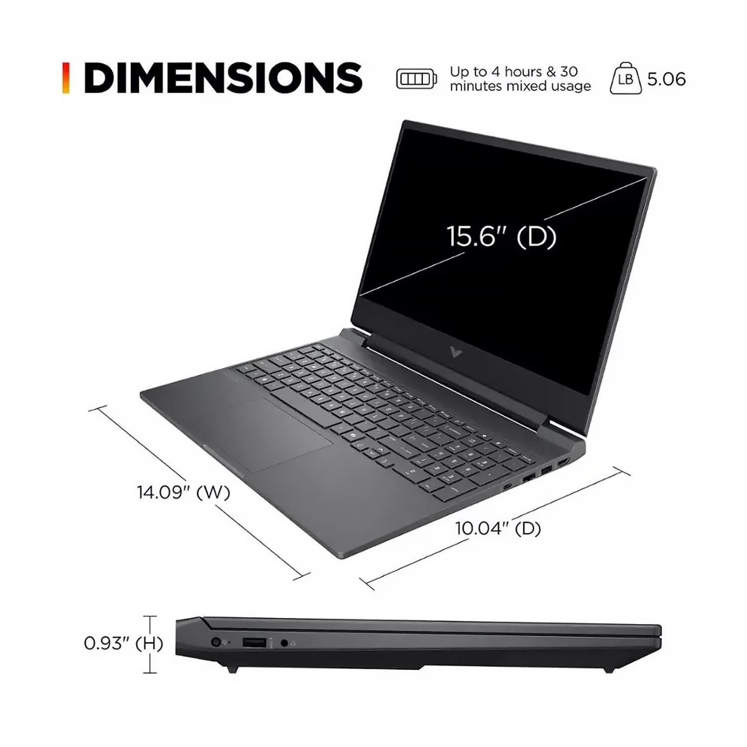 DIMENSIONS

- Up to 4 hours & 30 minutes mixed usage
- LB 5.06

15.6" (D)  
14.09" (W)  
10.04" (D)  
0.93" (H)