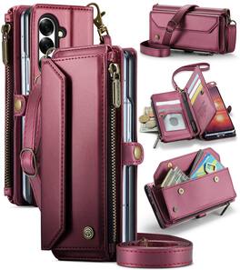 Dteck - Crossbody Wallet Case for Samsung Galaxy Z Fold7 with Card Slots and Zipper Pocket, RFID Blocking PU Leather Cover - Winered