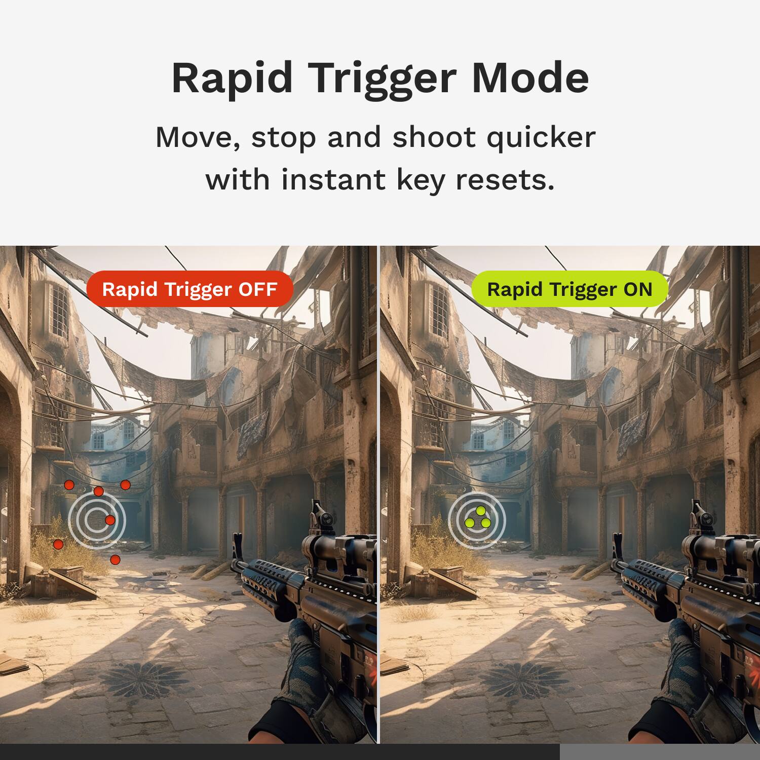 Rapid Trigger Mode  
Move, stop and shoot quicker with instant key resets.  

Rapid Trigger OFF  
Rapid Trigger ON