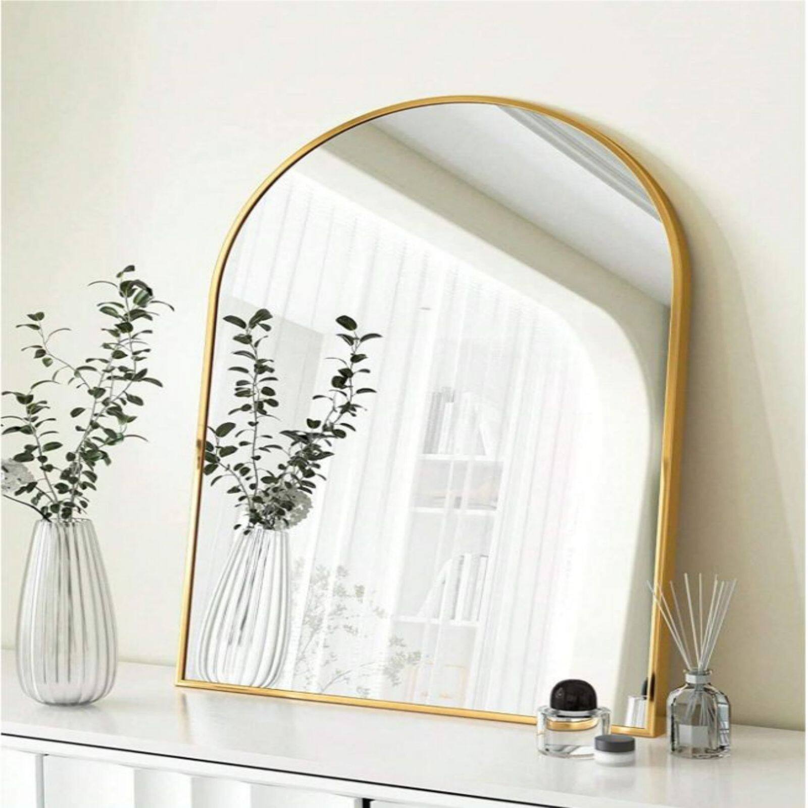 Left. HOMLUX - Arched Wall Mirror Gold Aluminum Frame Arch Top Wall Mounted Decorative for Entryway Bathroom Bedroom.