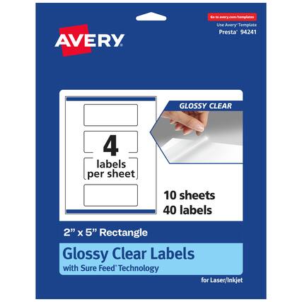 Go to avery.com/templates
AVERY
Use Avery Template Presta® 94241
GLOSSY CLEAR
4 labels per sheet
10 sheets 40 labels
2" x 5" Rectangle
Glossy Clear Labels
with Sure Feed® Technology
for Laser/Inkjet