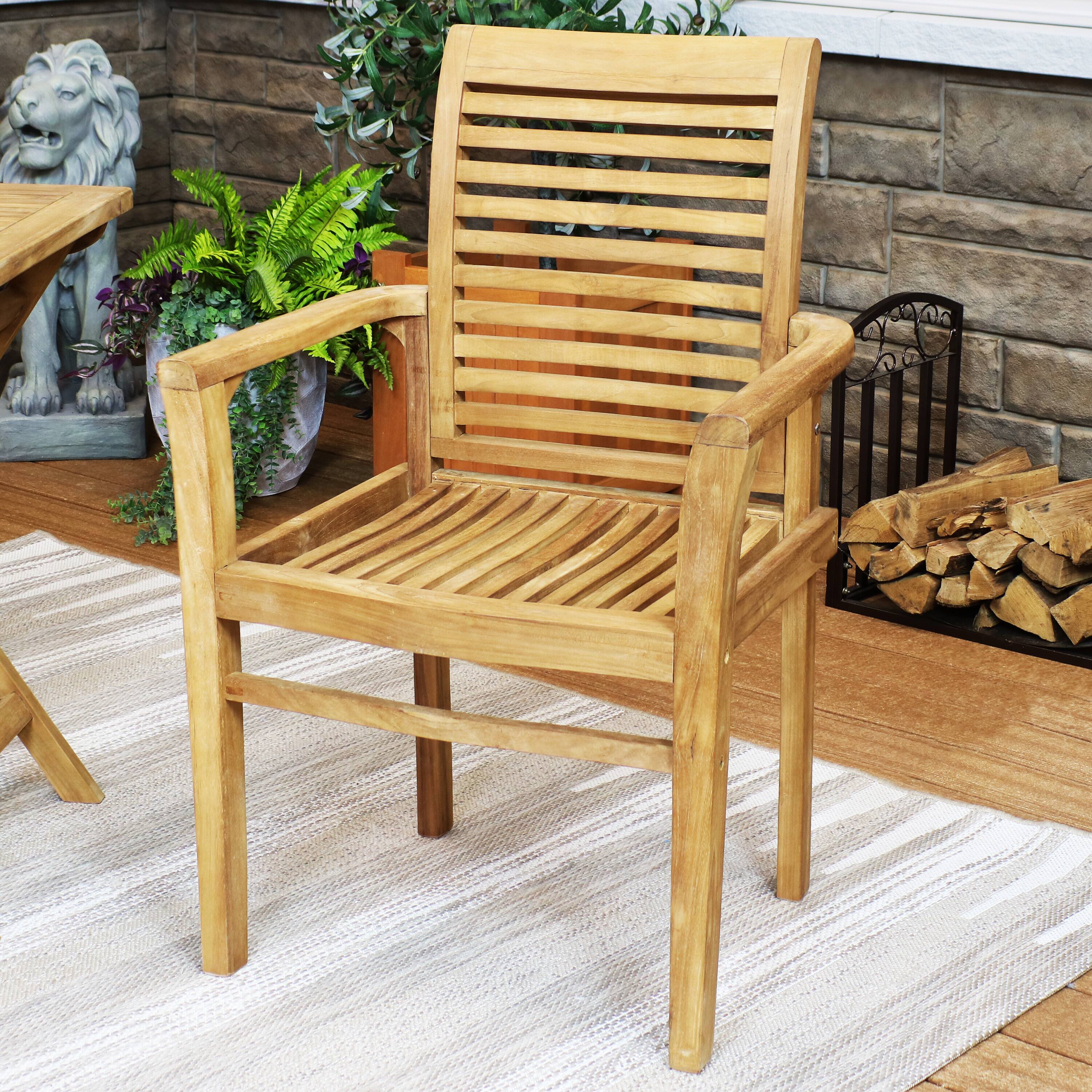 Alt View 5. Sunnydaze - Solid Teak Wood Patio Slat-Back Dining Armchair - Light Brown.