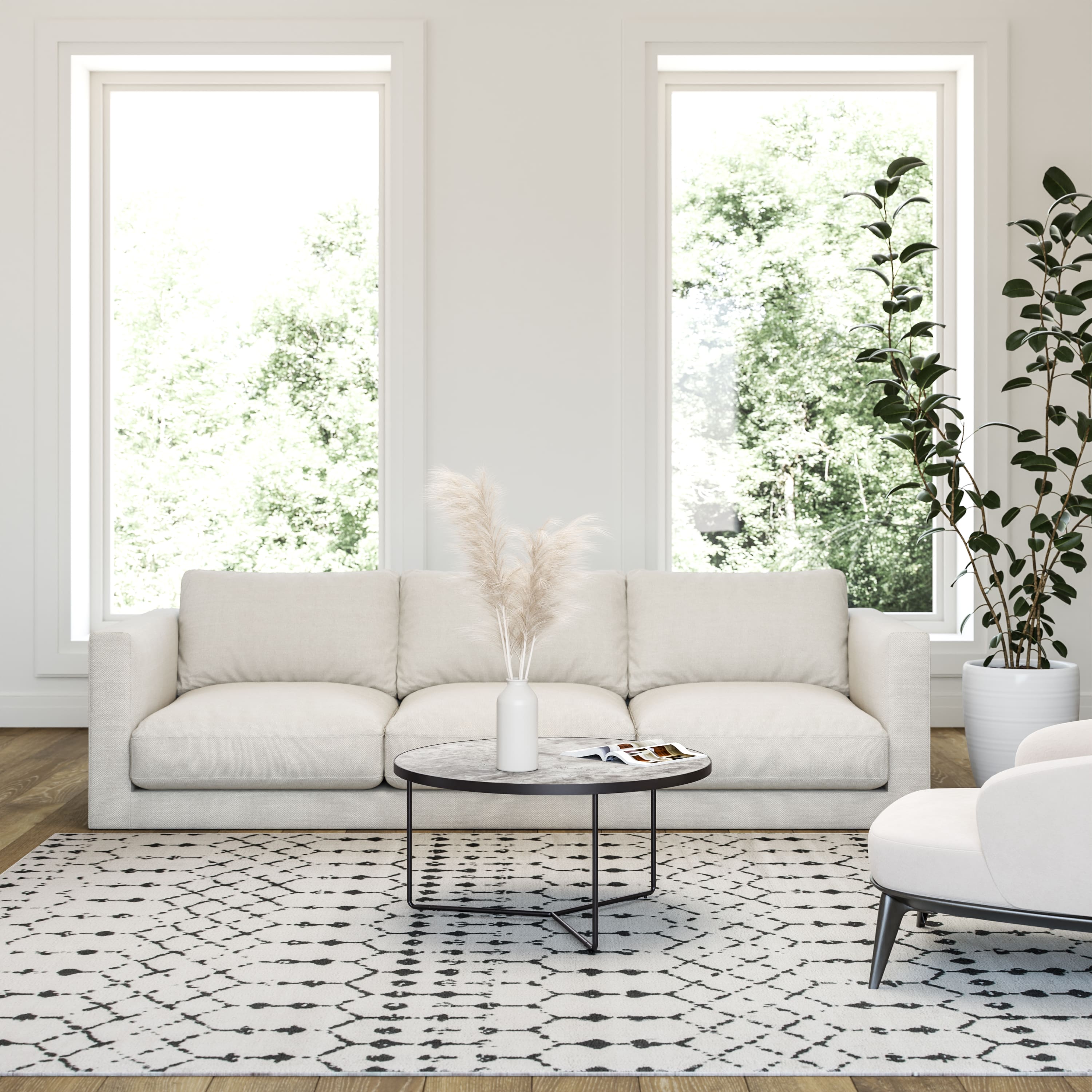 Emma + Oliver - Modern Design Geometric Bohemian Low Pile Area Rug - Ivory/Black