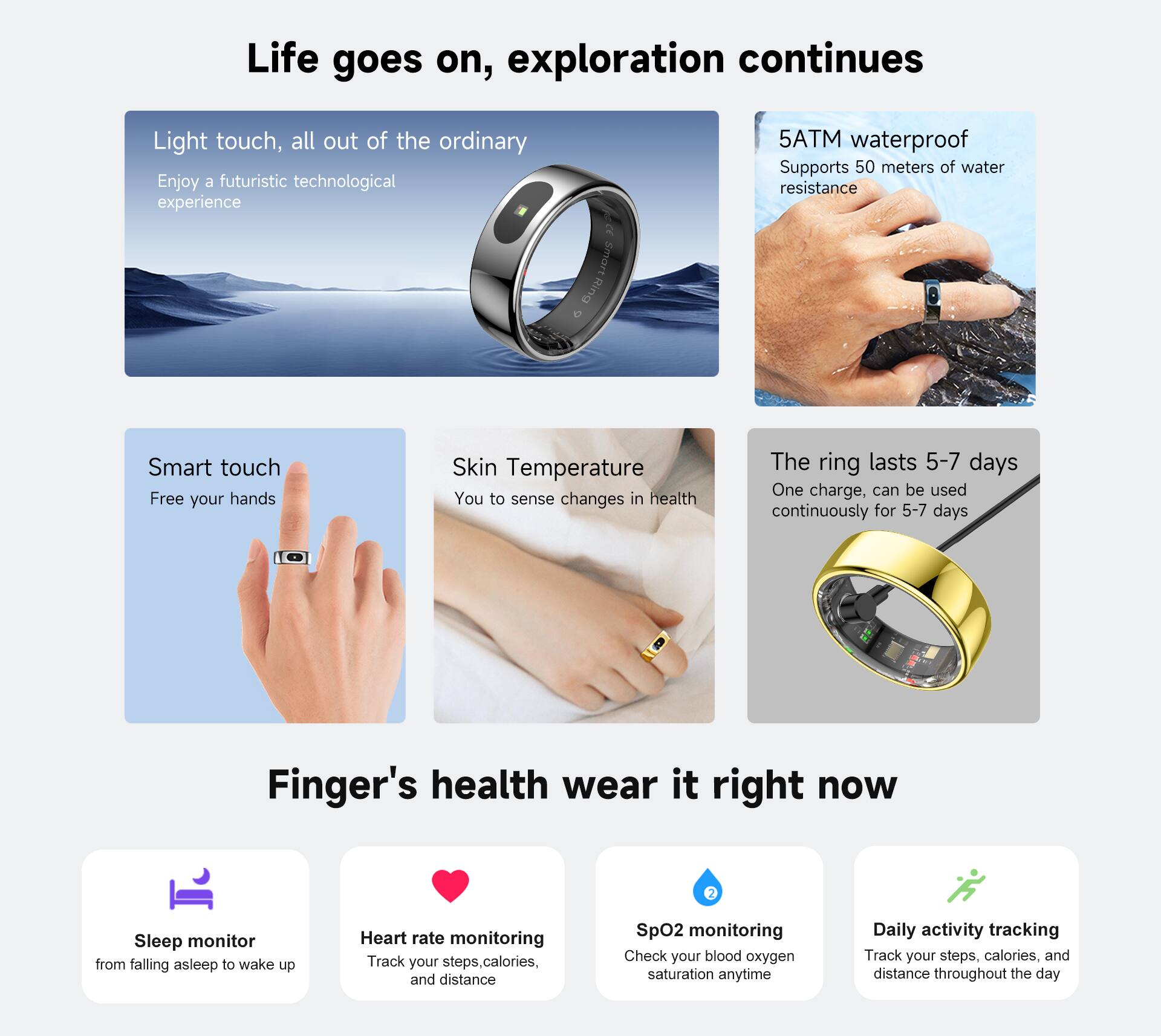 Anillo Inteligente De Salud – Monitorea Sueño, Pasos, Controla Cámara, Resistente Al Agua IP68