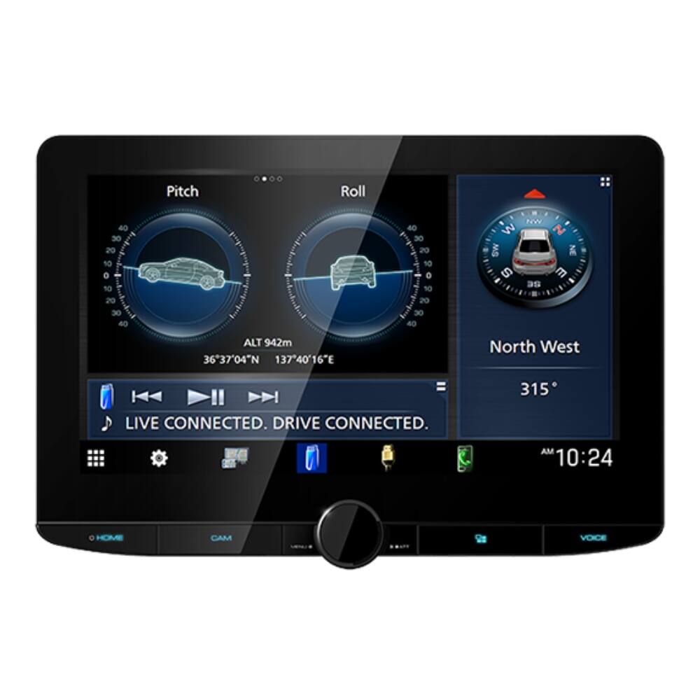 Pitch Roll  
40 30 20 10 . 10 20 30 40  
40 30 20 10 . 10 20 30 40  
NW W z SW NE  
50 m  
ALT 942m  
36°37'04"N 137°40'16"E  
North West 315°  
LIVE CONNECTED. DRIVE CONNECTED.  
AM 10:24  
HOME CAM VOICE