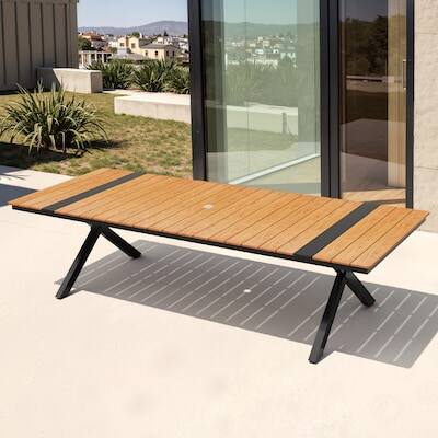 Alt View 7. Crestlive Products - Crestlive Products X-Leg Large Patio Plastic Wood Top Aluminum Frame Outdoor Dining Table with Umbrella Hole - Brown.