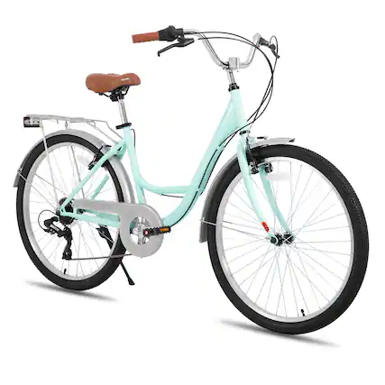 Front. HILAND - HILAND 26 Inch Beach Cruiser Bike for Adults, 7 Speed Step-Through Women Bicycle with Rear Rack, Hybrid Bike Green - Green.