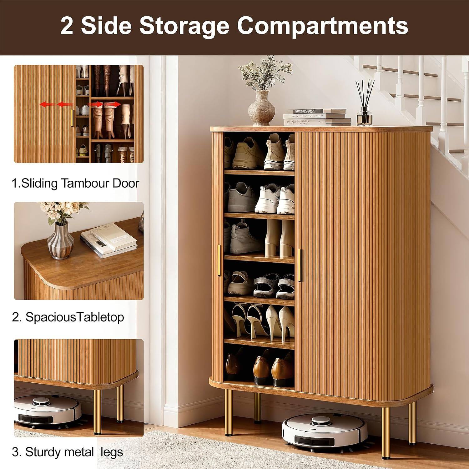 2 Side Storage Compartments

1. Sliding Tambour Door
2. Spacious Tabletop
3. Sturdy metal legs