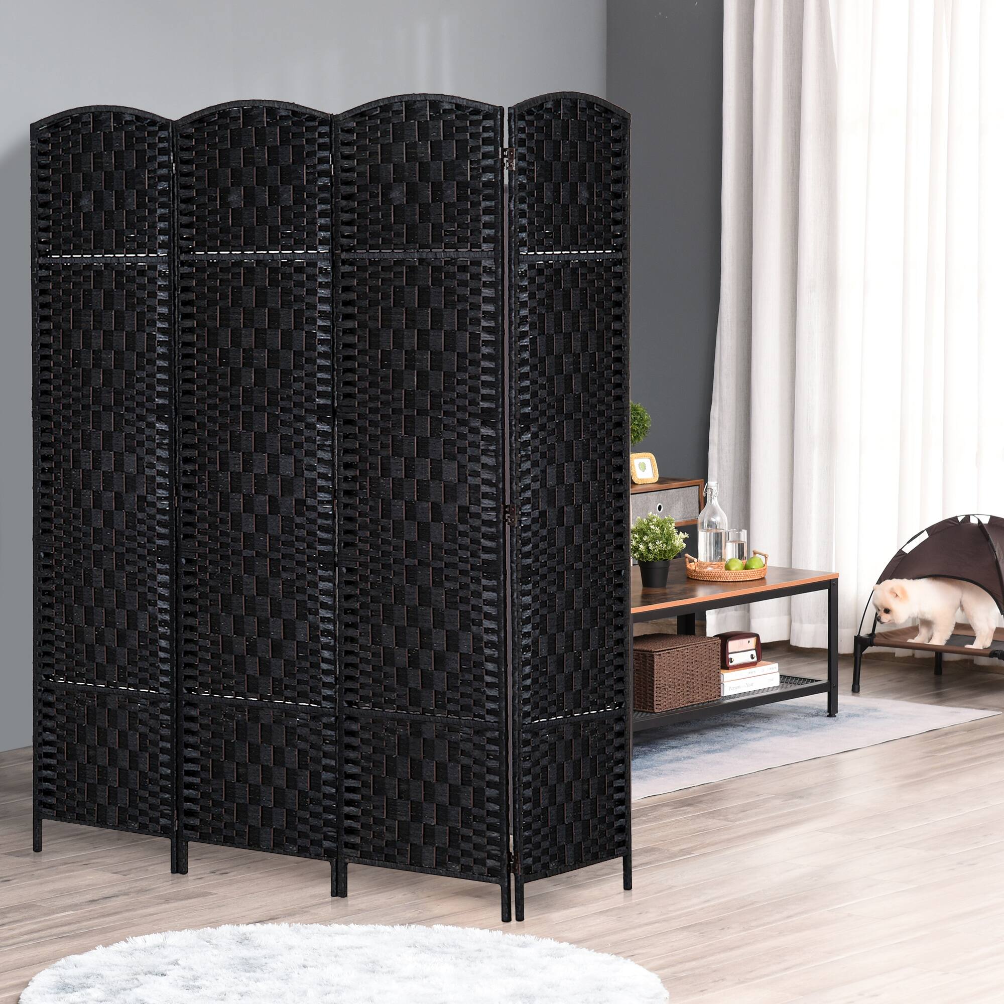Alt View 1. Homcom - 4 Panel Folding Wicker Weave Room Divider, Portable Privacy Screen for Bedroom Home Office​ - Black.
