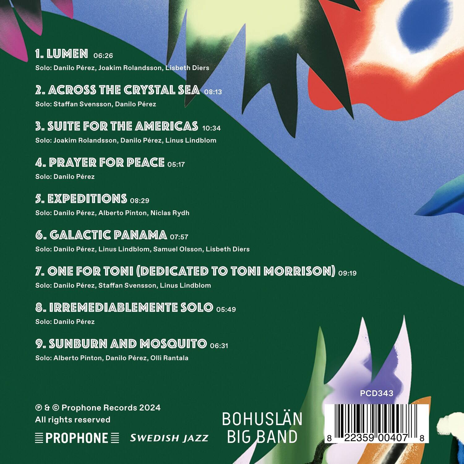 1. LUMEN 06:26  
   Solo: Danilo Pérez, Joakim Rolandsson, Lisbeth Diers  

2. ACROSS THE CRYSTAL SEA 08:13  
   Solo: Staffan Svensson, Danilo Pérez  

3. SUITE FOR THE AMERICAS 10:34  
   Solo: Joakim Rolandsson, Danilo Pérez, Linus Lindblom  

4. PRAYER FOR PEACE 05:17  
   Solo: Danilo Pérez  

5. EXPEDITIONS 08:29  
   Solo: Danilo Pérez, Alberto Pinton, Niclas Rydh  

6. GALACTIC PANAMA 07:57  
   Solo: Danilo Pérez, Linus Lindblom, Samuel Olsson, Lisbeth Diers  

7. ONE FOR TONI (DEDICATED TO TONI MORRISON) 09:19  
   Solo: Danilo Pérez, Staffan Svensson, Linus Lindblom  

8. IRREMEDIABLY SOLO 05:49  
   Solo: Danilo Pérez  

9.