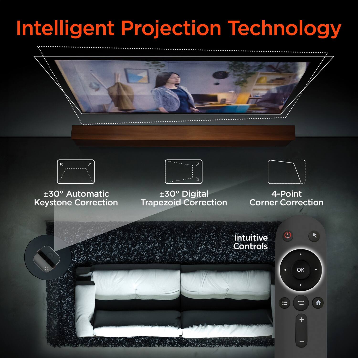 Intelligent Projection Technology

- +30° Automatic Keystone Correction
- +30° Digital Trapezoid Correction
- 4-Point Corner Correction
- Intuitive Controls