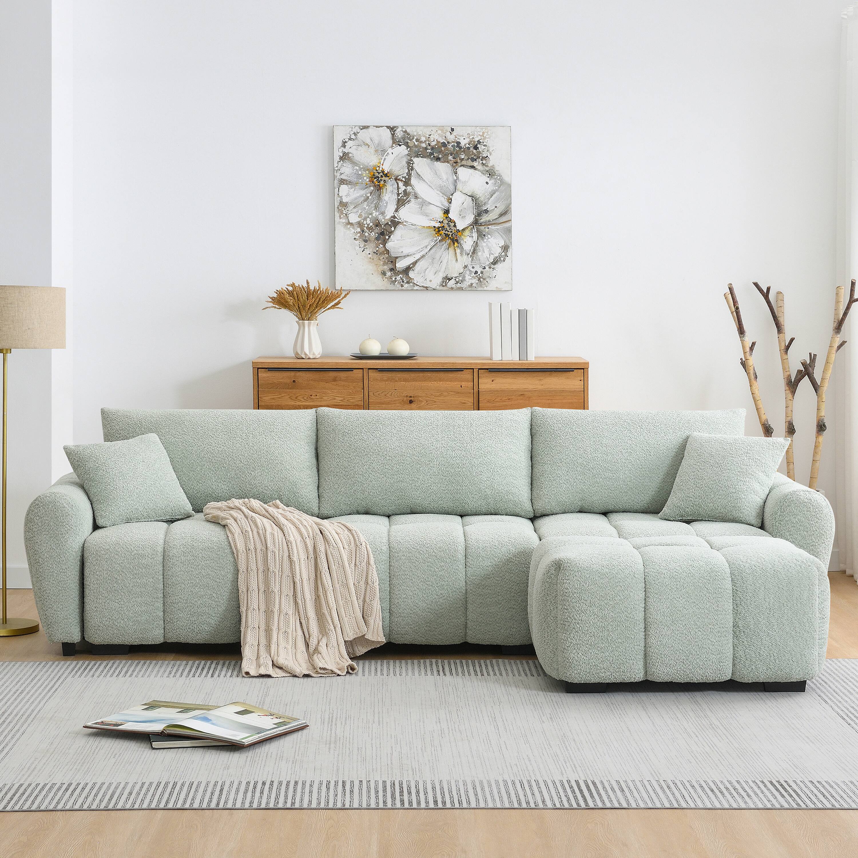 Angle. Whisen - 110" Modular Sectional Sofa, L Shape Boucle Couch with Movable Ottoman for Living Room - Light Green.