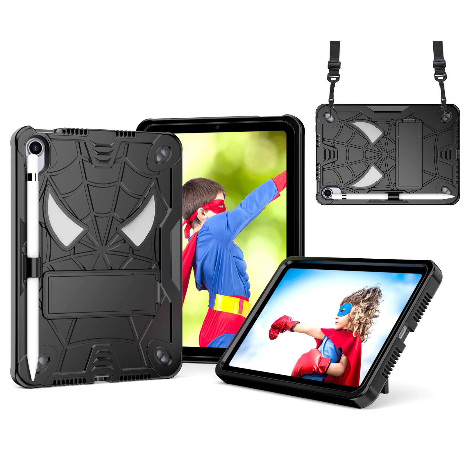 Angle. UUCOVER - Kids Case for iPad mini (A17 Pro) 8.3-inch 2024/iPad mini 6th Gen Shockproof Silicone+PC Stand Cover with Shoulder Strap - Black.