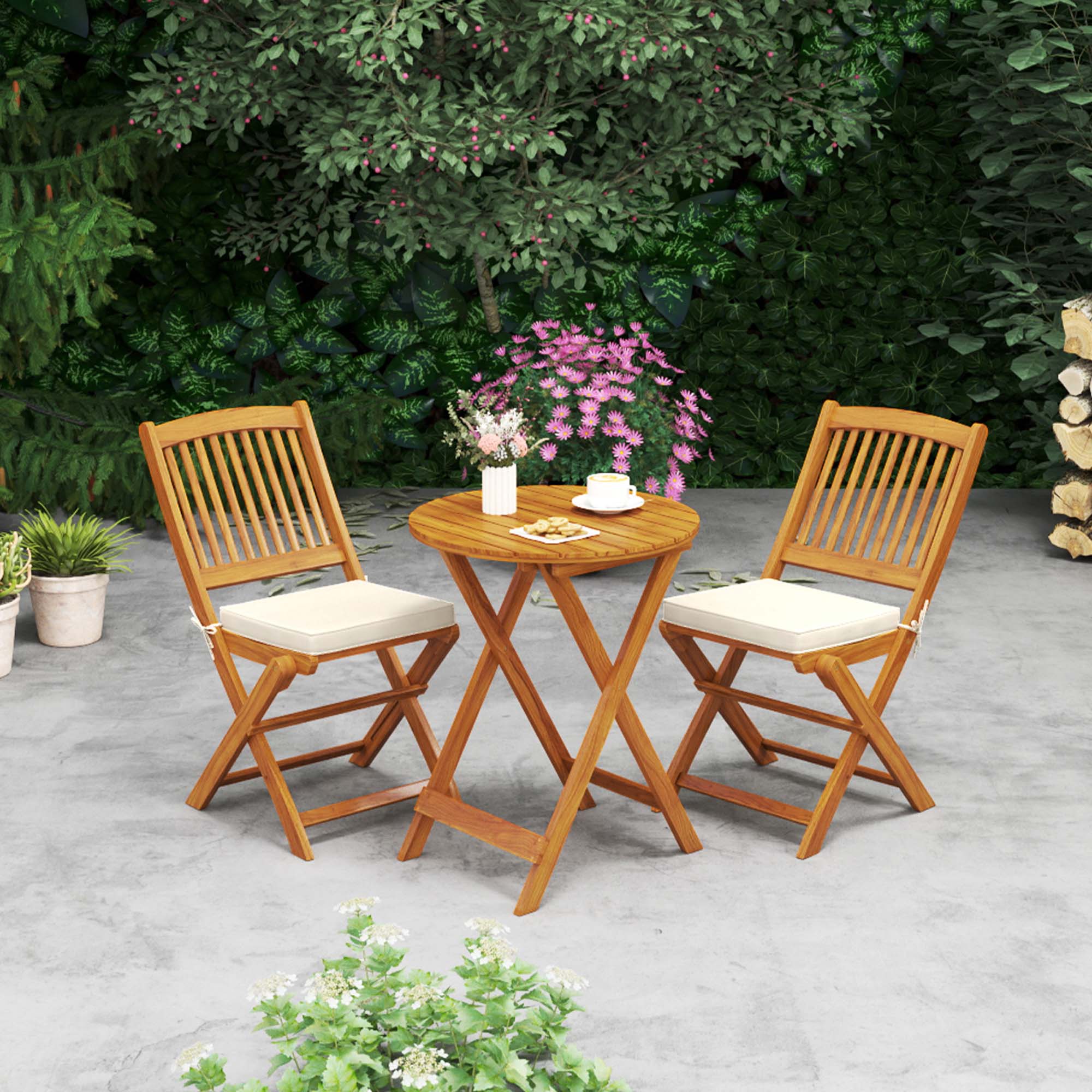 Alt View 1. Costway - Costway Outdoor Folding Chairs Set of 4 Acacia Wood High-Back Chair with Seat Cushions - Beige.