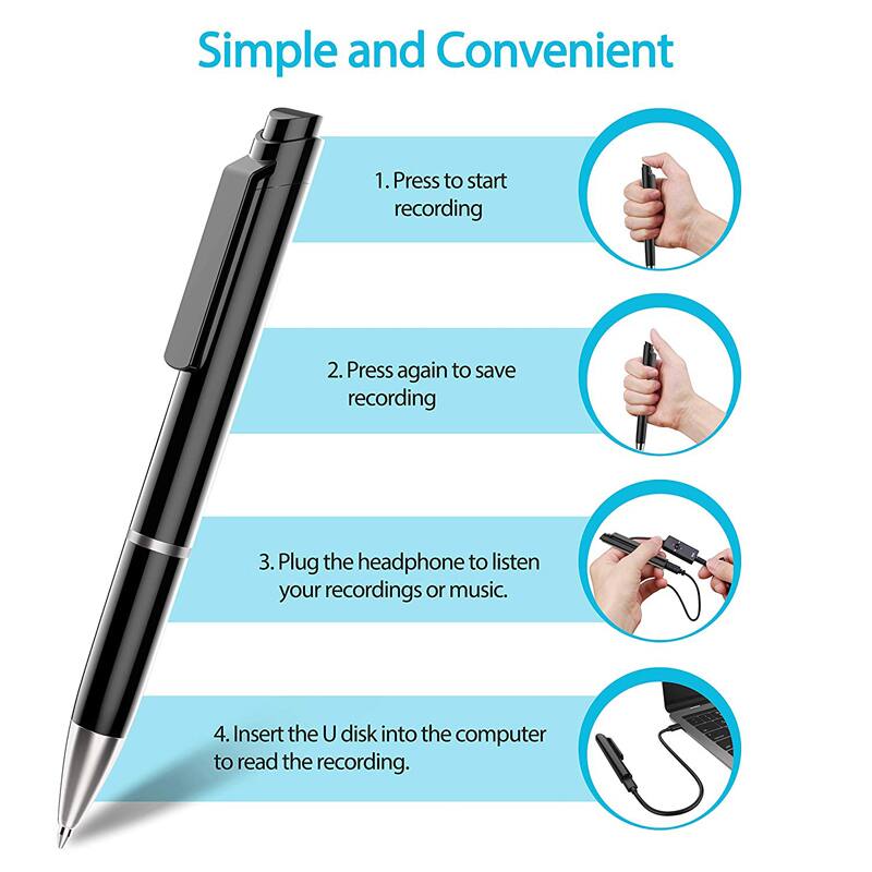 Simple and Convenient

1. Press to start recording
2. Press again to save recording
3. Plug the headphone to listen to your recordings or music
4. Insert the U disk into the computer to read the recording.