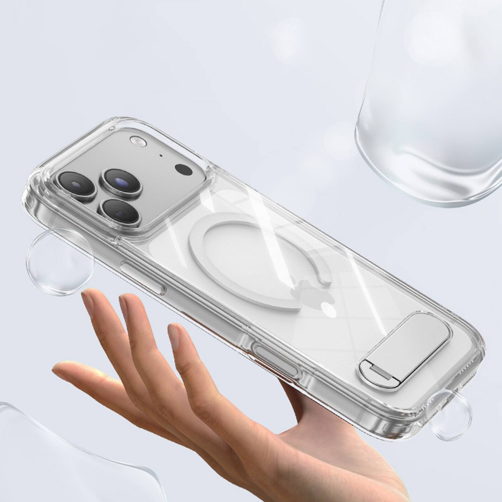 Left. Dteck - Magnetic Clear Phone Case for Apple iPhone 17 Pro Built-in Folding Stand, Shockproof Protective Cover with Raised Edges - Clear.