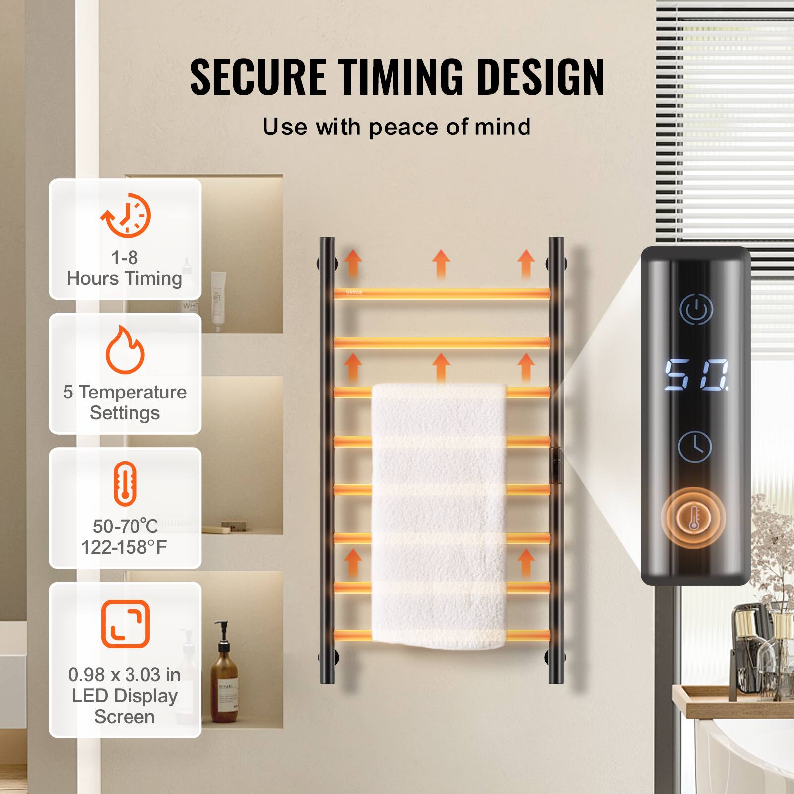 SECURE TIMING DESIGN  
Use with peace of mind  

1-8 Hours Timing  
5 Temperature Settings  
50-70°C / 122-158°F  
0.98 x 3.03 in LED Display Screen