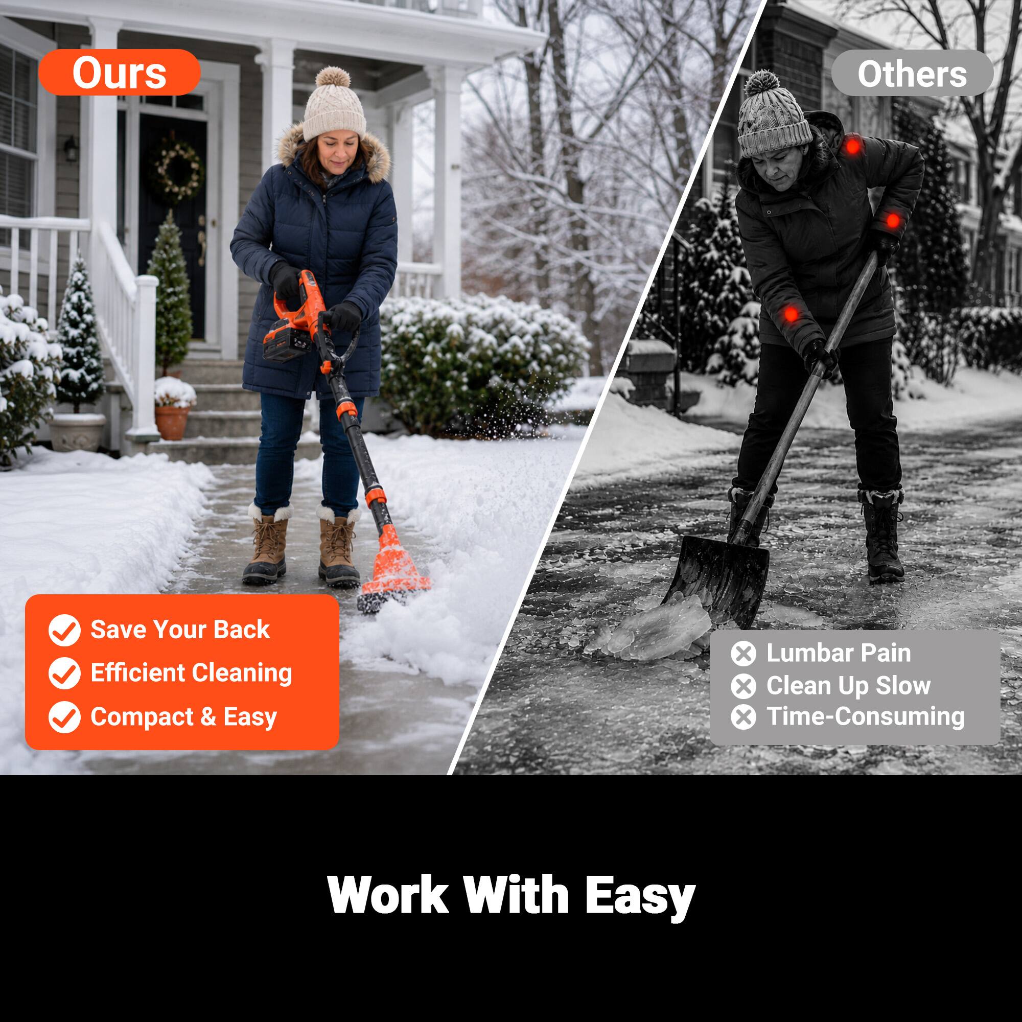 Ours  
Others  
Save Your Back  
Efficient Cleaning  
Compact & Easy  
X Lumbar Pain  
X Clean Up Slow  
X Time-Consuming  
Work With Easy