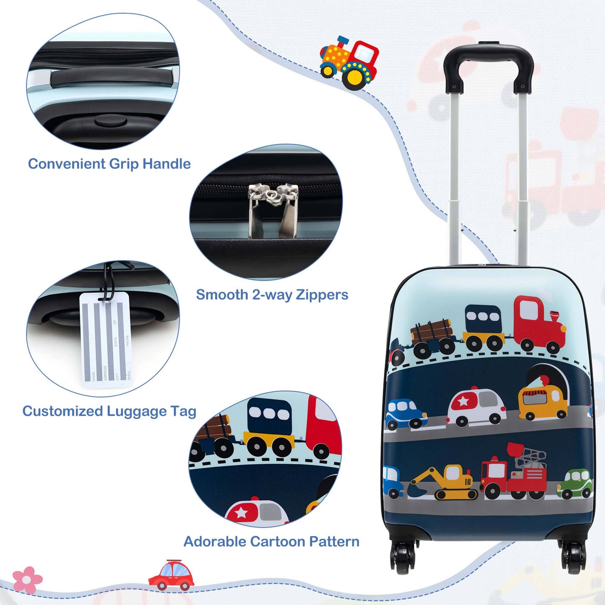 The text on the image is grouped and corrected as follows:

1. Convenient Grip Handle: This feature allows for easy handling and transportation of the suitcase.
2. Smooth 2-way Zippers: These zippers provide a convenient and efficient way to open and close the suitcase.
3. Customized Luggage Tag: This feature allows for personalization of the suitcase, making it easily identifiable.
4. Adorable Cartoon Pattern: The suitcase features a cute and fun cartoon pattern that adds a touch of personality to the luggage.