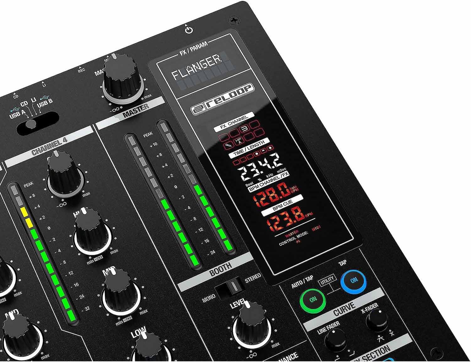 FX PARAM REC MA FLANGER LI CD max reLoop DOP CD LI USB B EL USB A MASTER CHANNEL FX m PEAK 4 CHANNEL +10 B LENGTH ! +8 TIME . +4 23.4.2 mBleo +2 kHs /FX % CHANNEL PEAK 0 Beat BPM At SPE +8 B max 2 128.0 -0 CUE +4 4 BPM +2 BP 8 123.8 0 12 MIDI MASTER ER MODE: 2 16 TROL  CON 4 max 24 . EO 8 min TAP 12 MY BOOTH STEREO 1 TAP UTILITY ON 16 AUTO max 24 MONO LEVEL ON 32 max CURVE X-FADER 100 min FADER LOW LINE max max ANCE SECTION