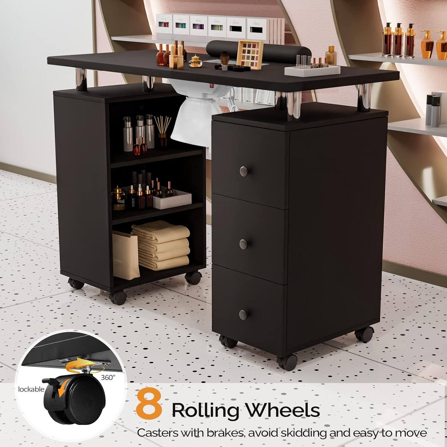 - lockable 360° Rolling Wheels Casters with brakes, avoid skidding and easy to move

8 Rolling Wheels
Casters with brakes, avoid skidding and easy to move