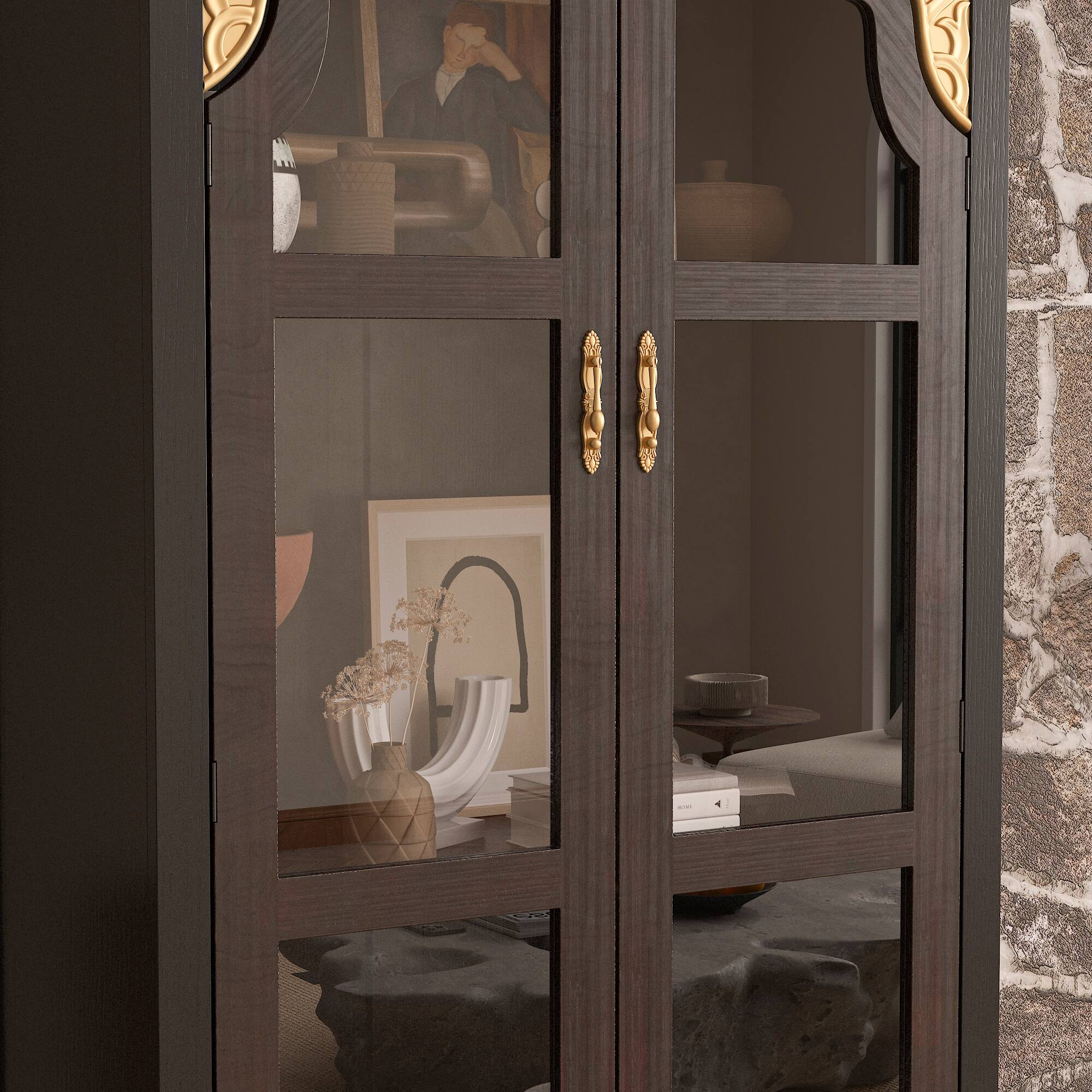 Alt View 10. Famapy - Famapy Classic Display Cabinet with Ornate Gold Accents & Glass Doors - Black & Brown.