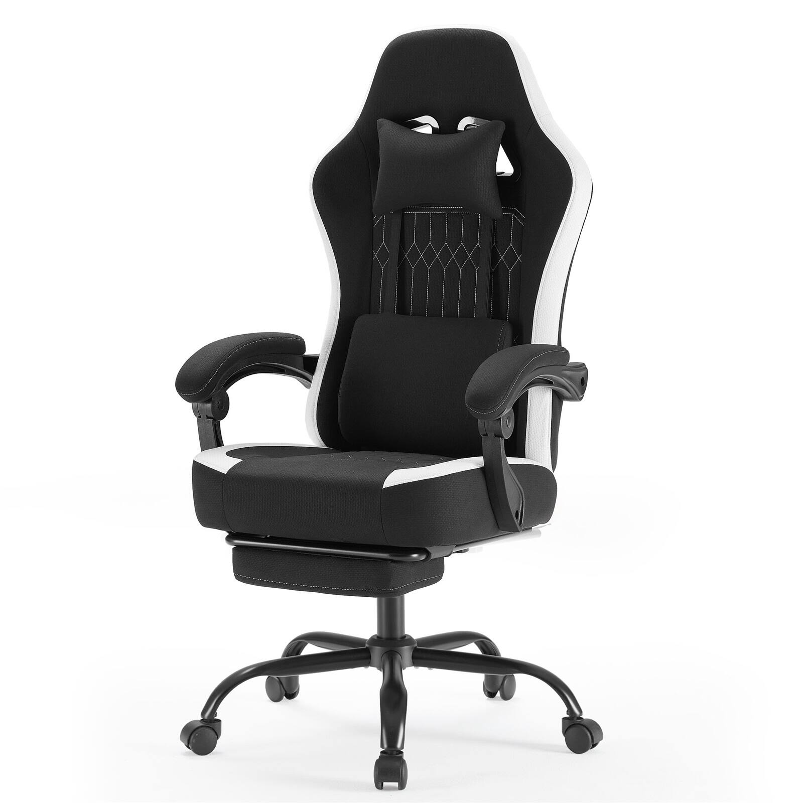 Angle. Sweet - Gaming Chair with Footrest, Ergonomic Breathable Fabric High Back Recliner with Lumbar Support, Black - Black.