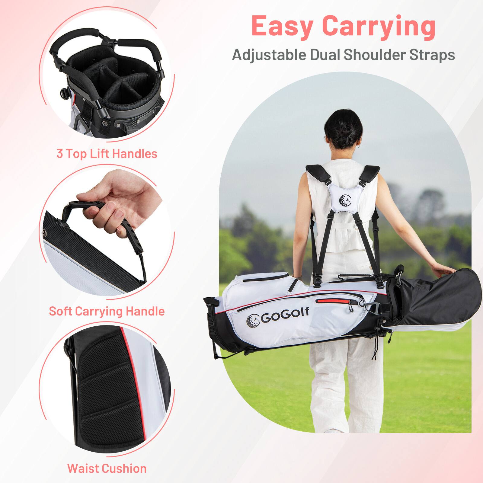Easy Carrying  
Adjustable Dual Shoulder Straps  
3 Top Lift Handles  
Soft Carrying Handle  
Waist Cushion