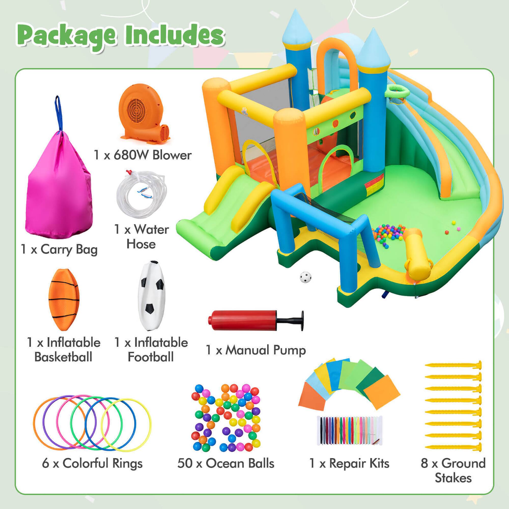 Package Includes

1 x 680W Blower  
1 x Carry Bag  
1 x Water Hose  
1 x Inflatable Basketball  
1 x Inflatable Football  
1 x Manual Pump  
6 x Colorful Rings  
50 x Ocean Balls  
1 x Repair Kits  
8 x Ground Stakes